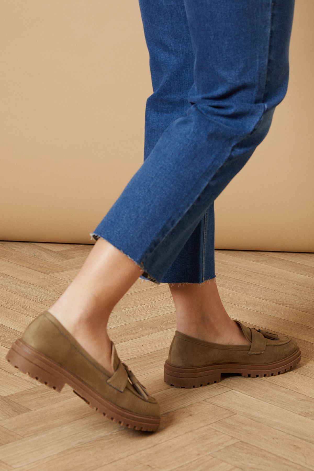 Oasis Barnie Faux Suede Tassel Chunky Loafers Olive image 3