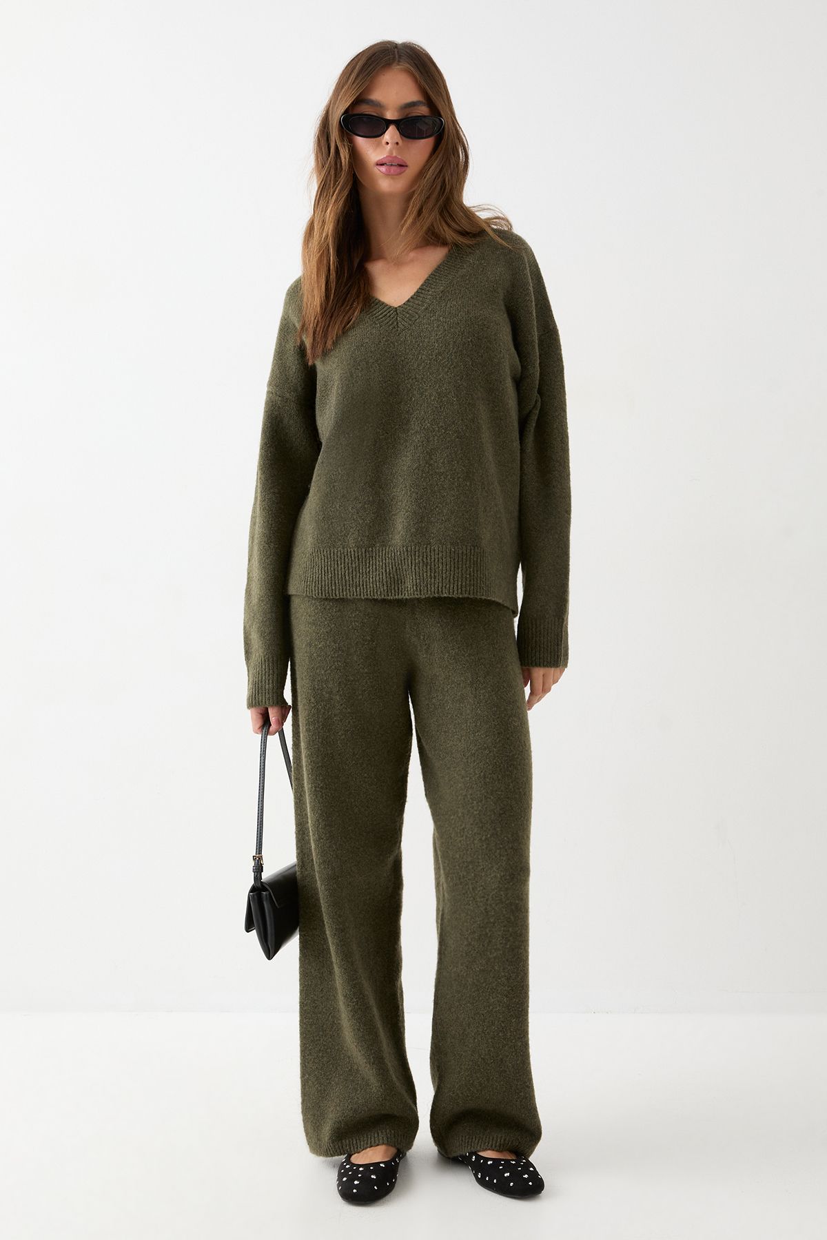 MissPap Oversized Knitted V Neck Rib Detail Jumper Khaki image 2