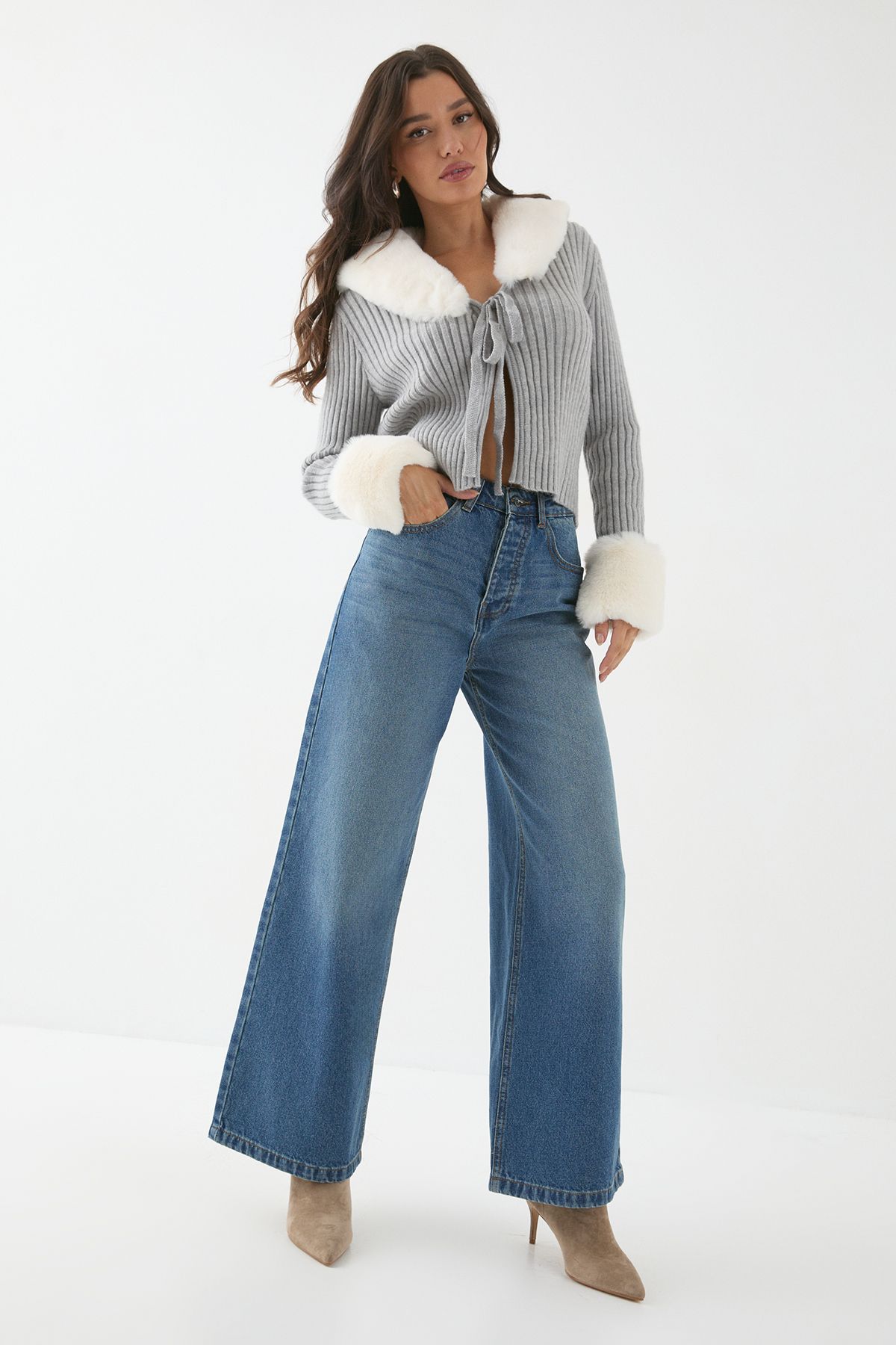 MissPap Knitted Rib Fur Trim Tie Detail Front Jumper Grey image 4