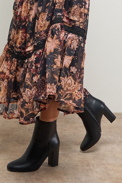 Oasis Louisa Faux Leather Round Toe Stacked High Heel Ankle Boots Black