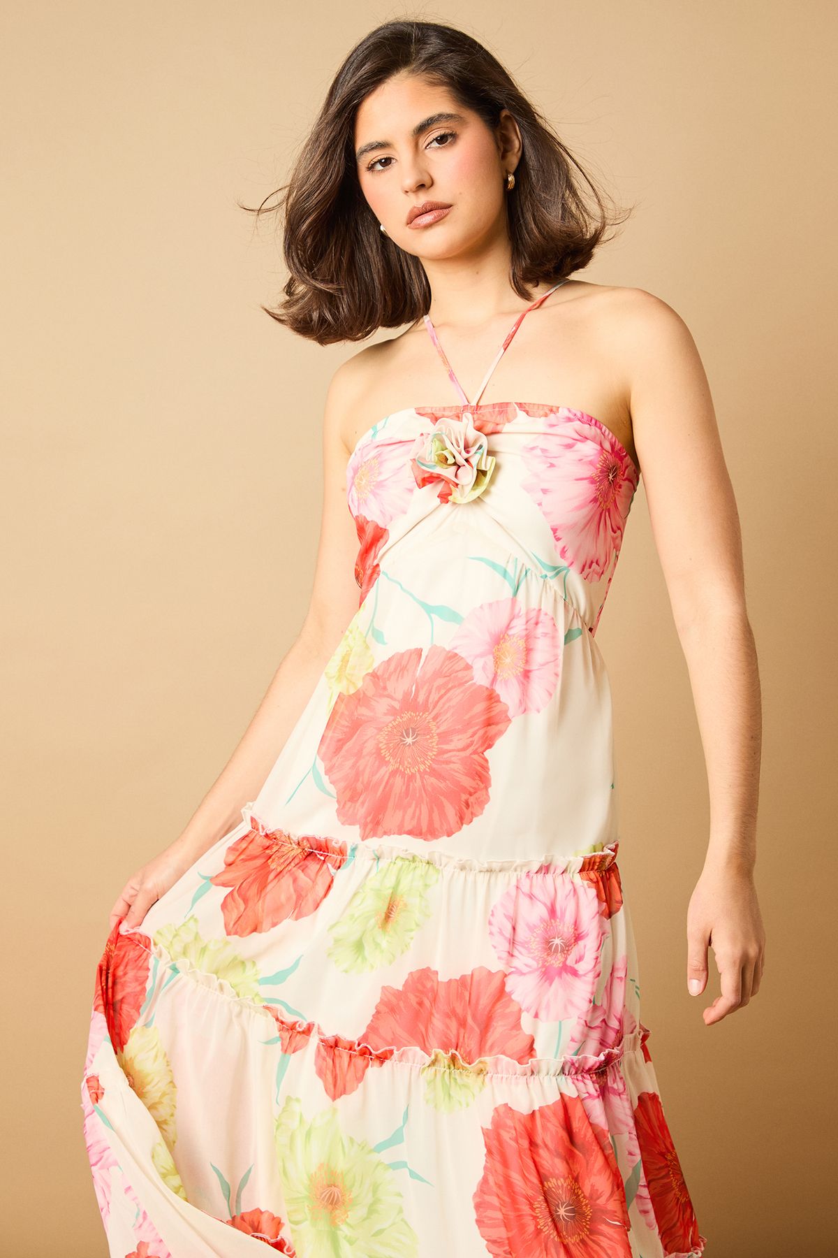 Oasis Rosette Detail Halterneck Midi Dress Ivory image 2