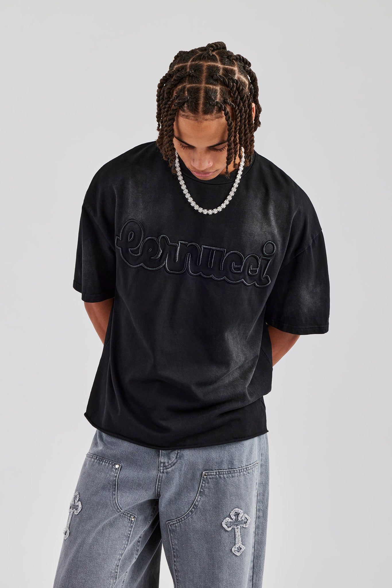 Cernucci Boxy Washed Embroidered T-Shirt - Black image 1
