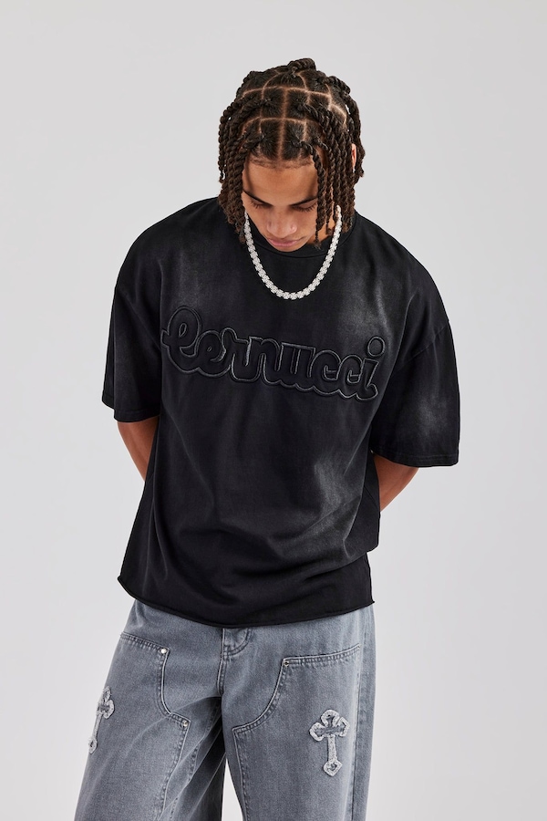 Cernucci Boxy Washed Embroidered T-Shirt - Black