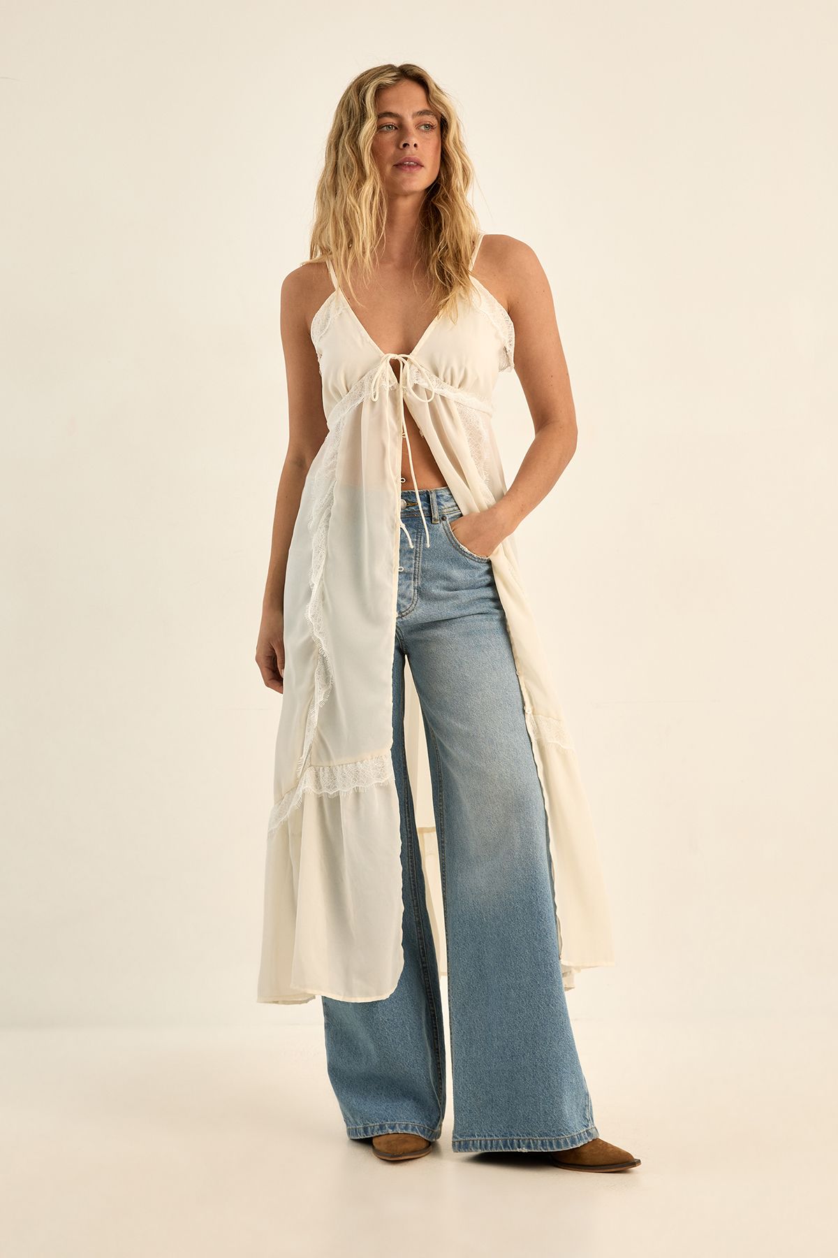 NastyGal Crinkle Chiffon Lace Trim Ruffle Maxi Top Cream