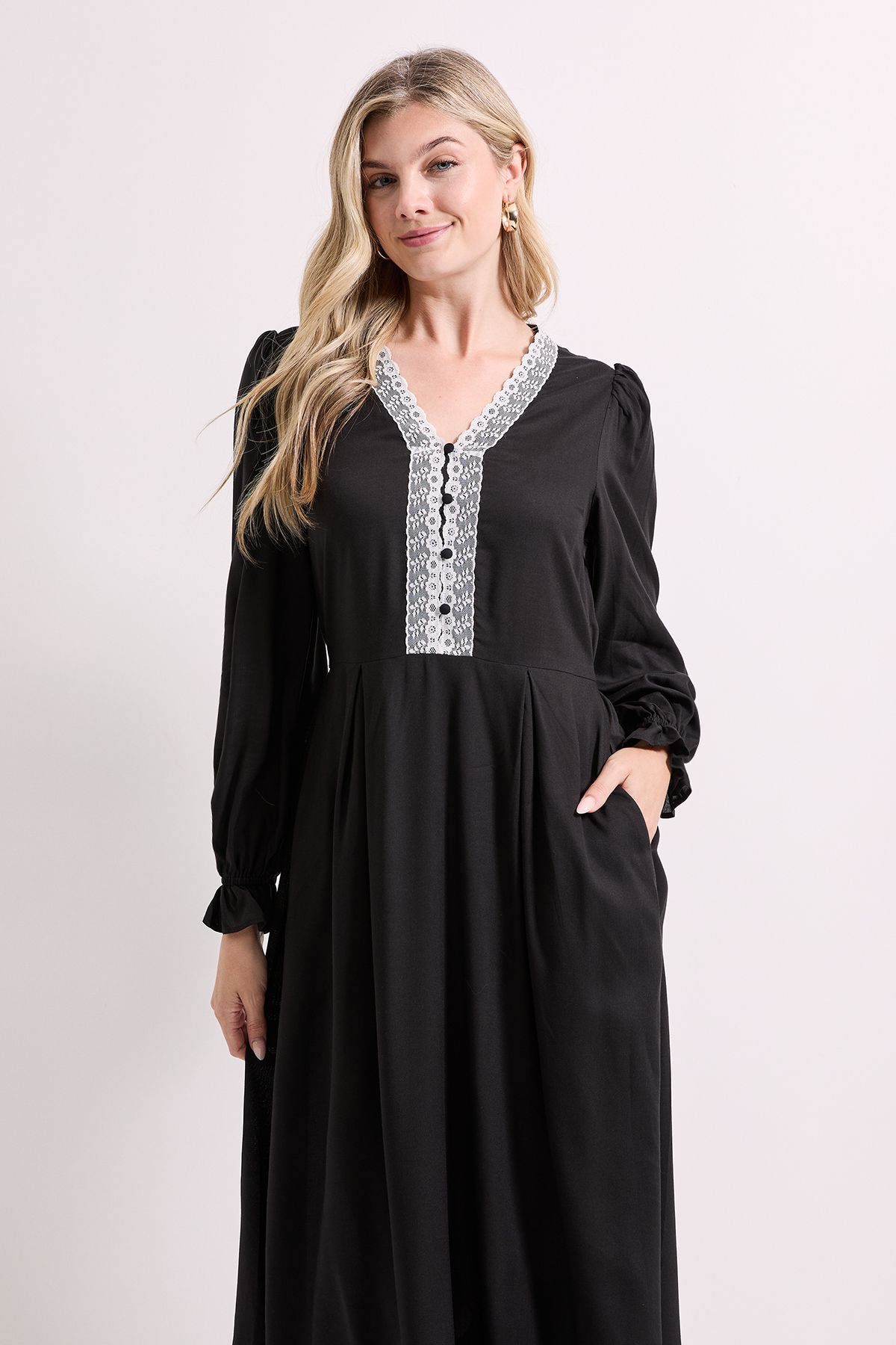Dorothy Perkins Lace Trim Blouson Sleeve Midi Dress Black image 2