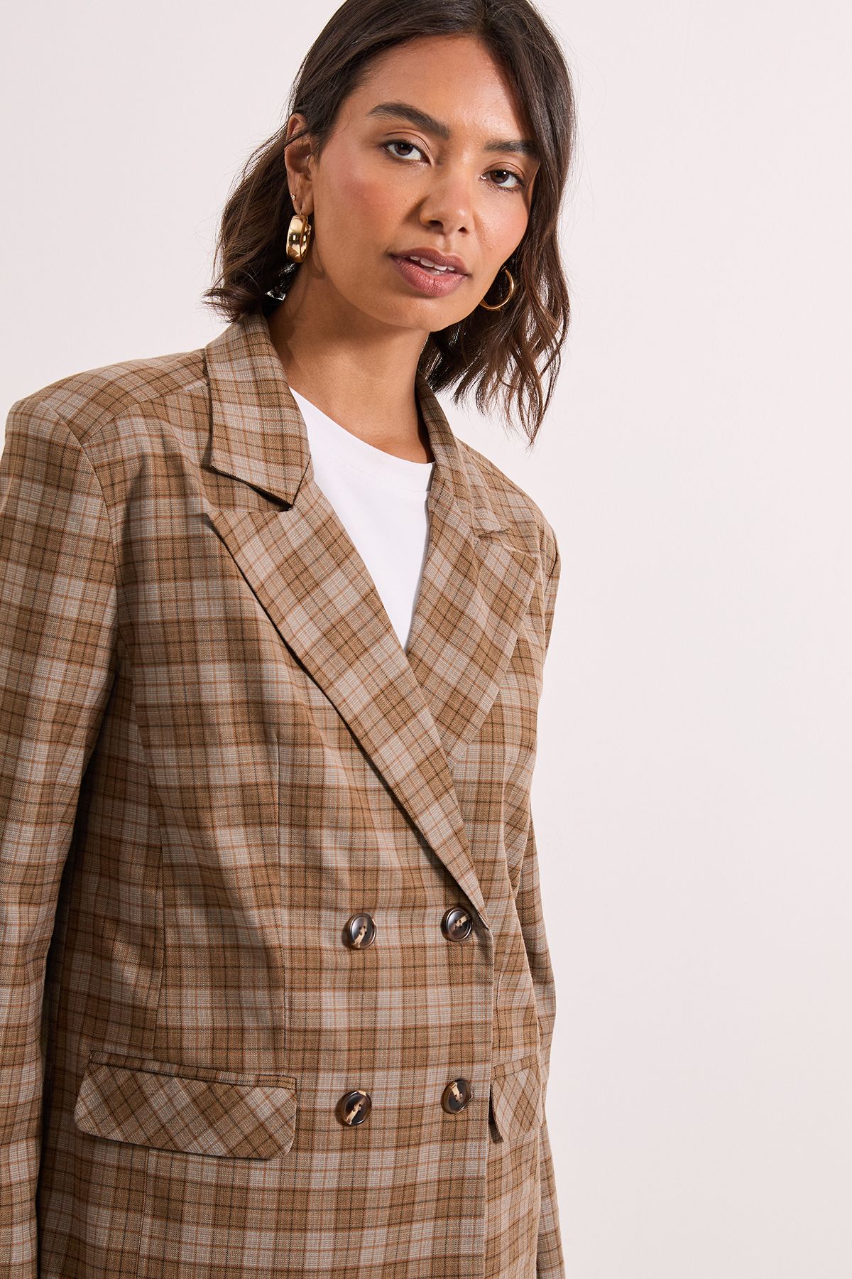 Dorothy Perkins Check Double Breasted Blazer Brown image 4