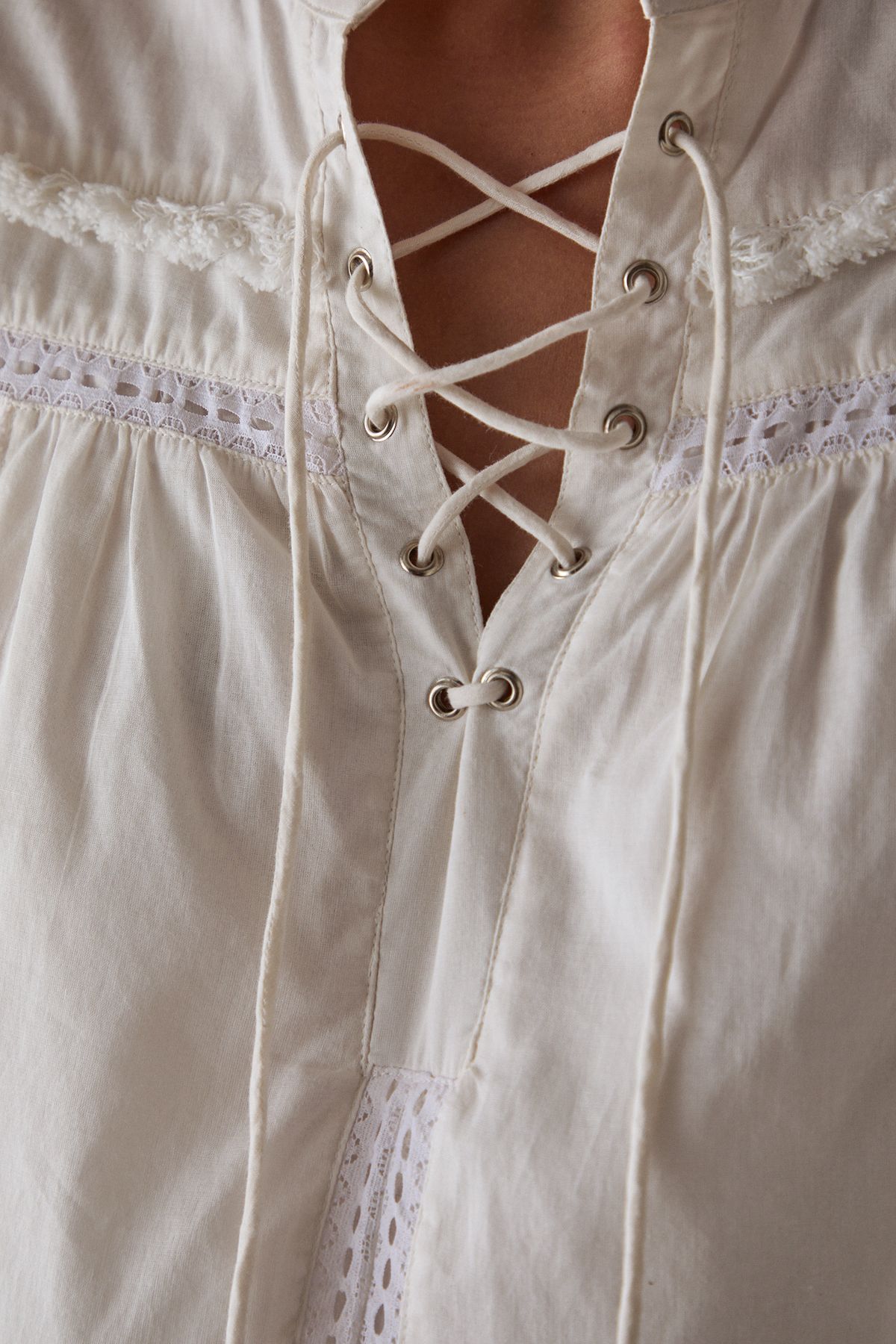 Warehouse HCD Cotton Lace Trim Insert Boho Blouse Cream image 5