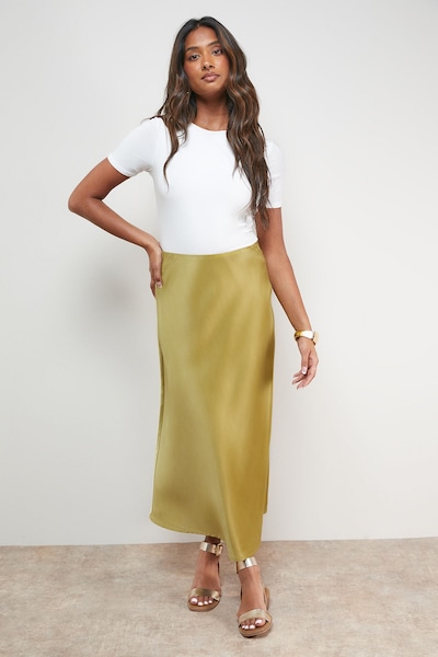 Oasis Bias Cut Satin Midi Skirt Olive