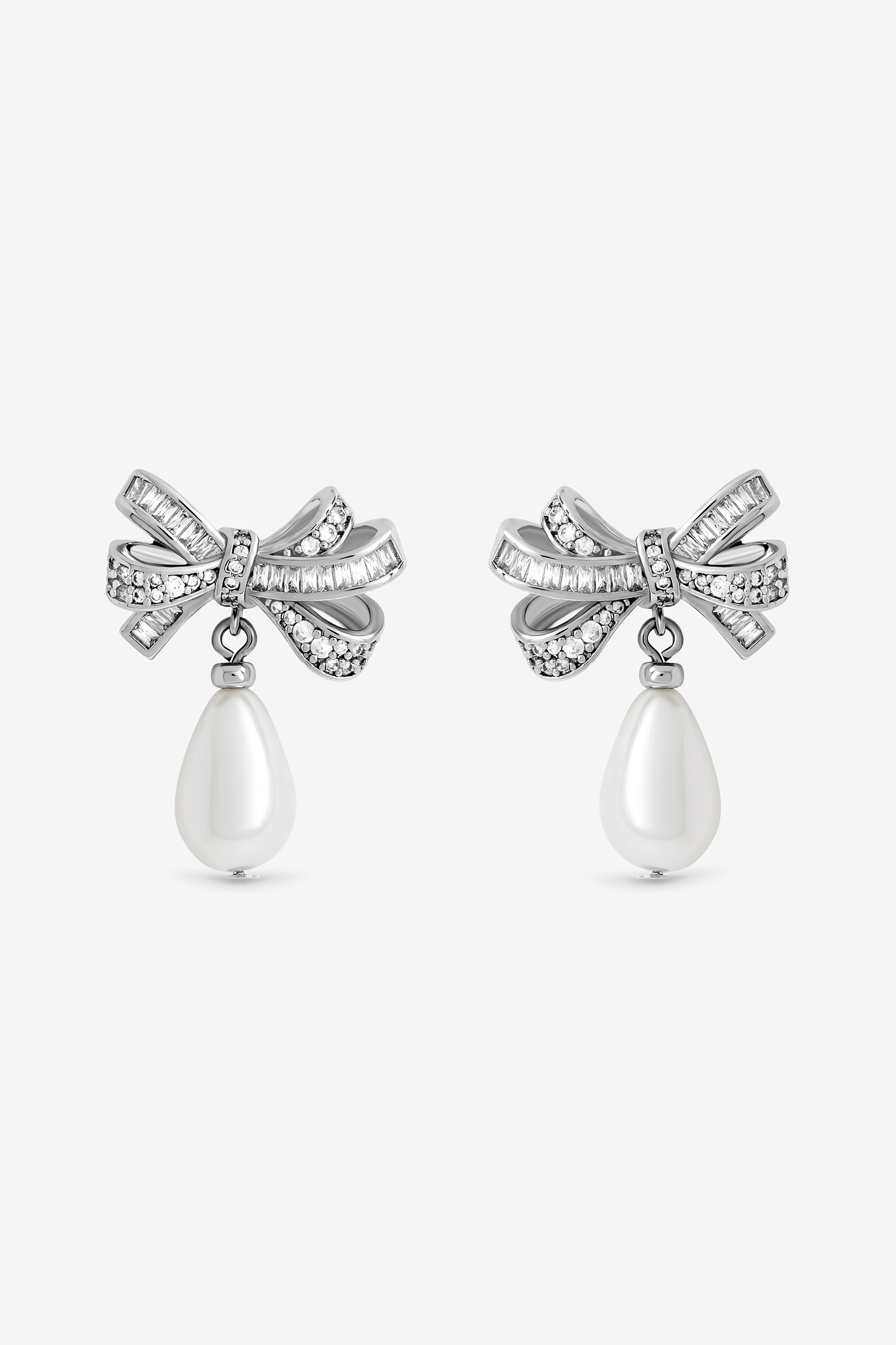 Jon Richard Rhodium Plated Cubic Zirconia Bow and Pearl Earrings image 1