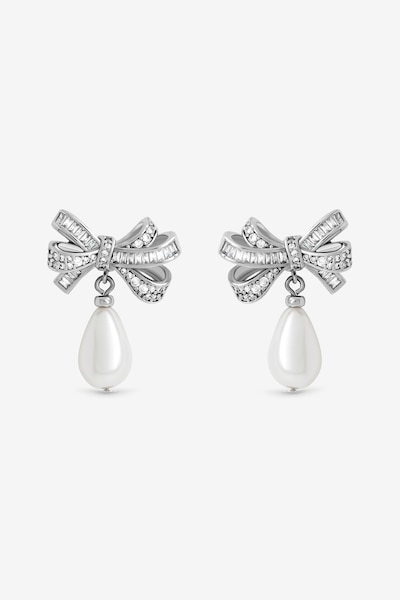 Jon Richard Rhodium Plated Cubic Zirconia Bow and Pearl Earrings
