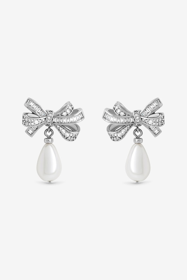 Jon Richard Rhodium Plated Cubic Zirconia Bow and Pearl Earrings