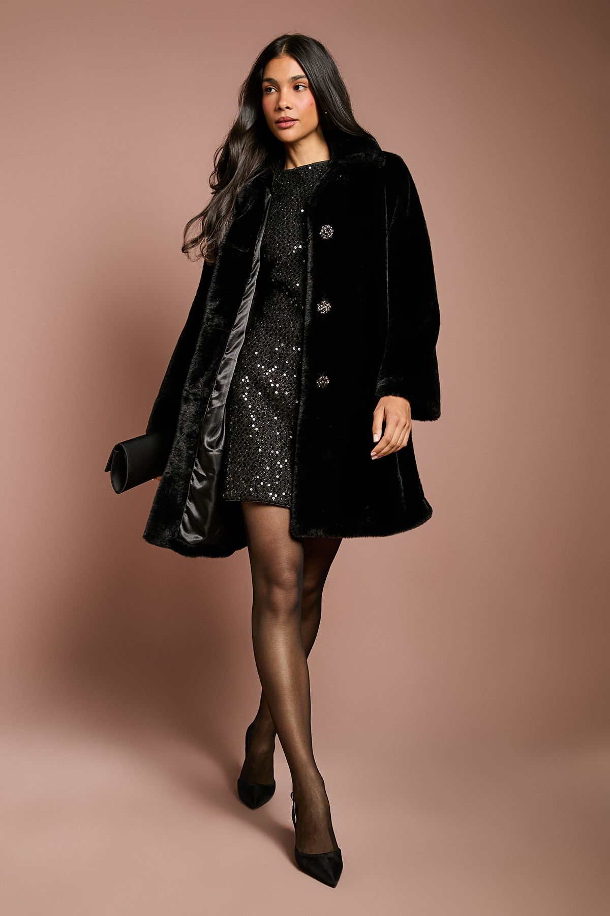 Coast Black Diamante Faux Fur Button Through Occasion Coat Black image 1