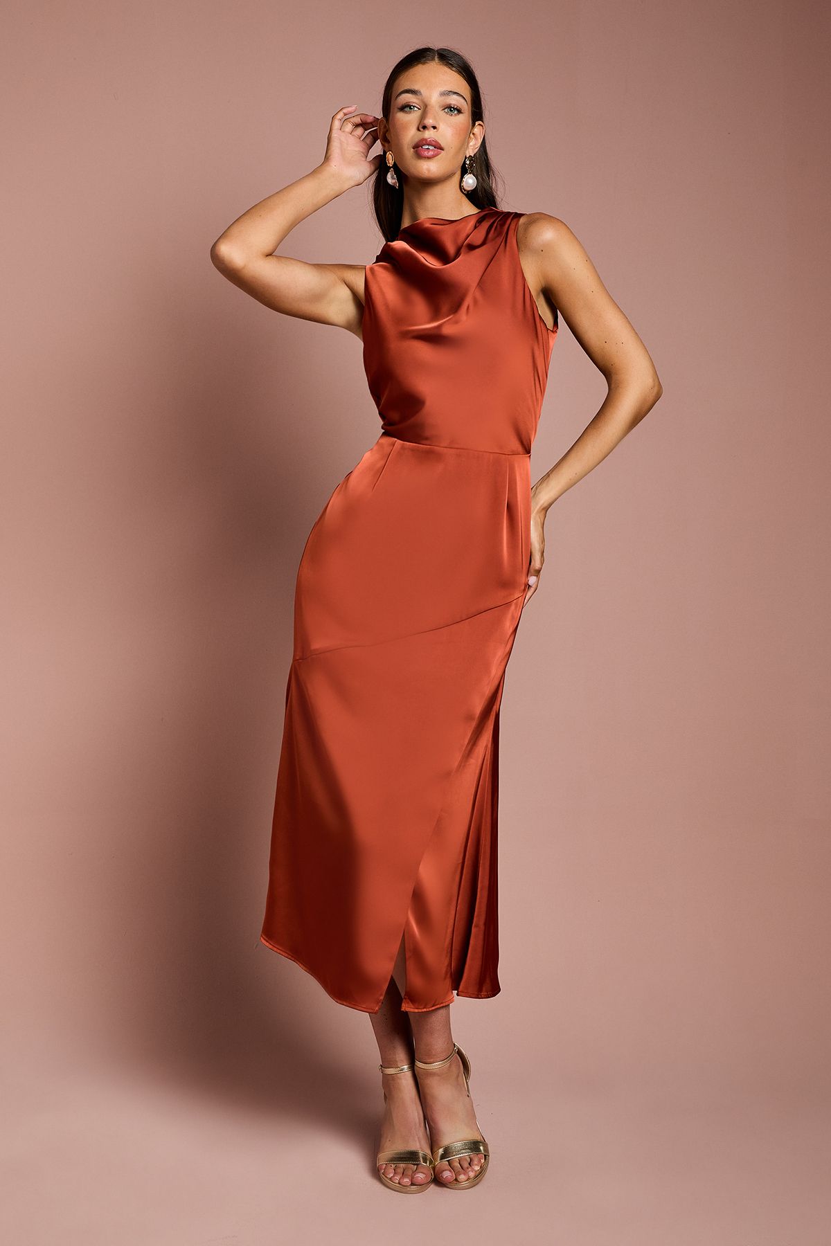 Coast Cowl Neck Sleeveless Satin Midi Dress Bronze