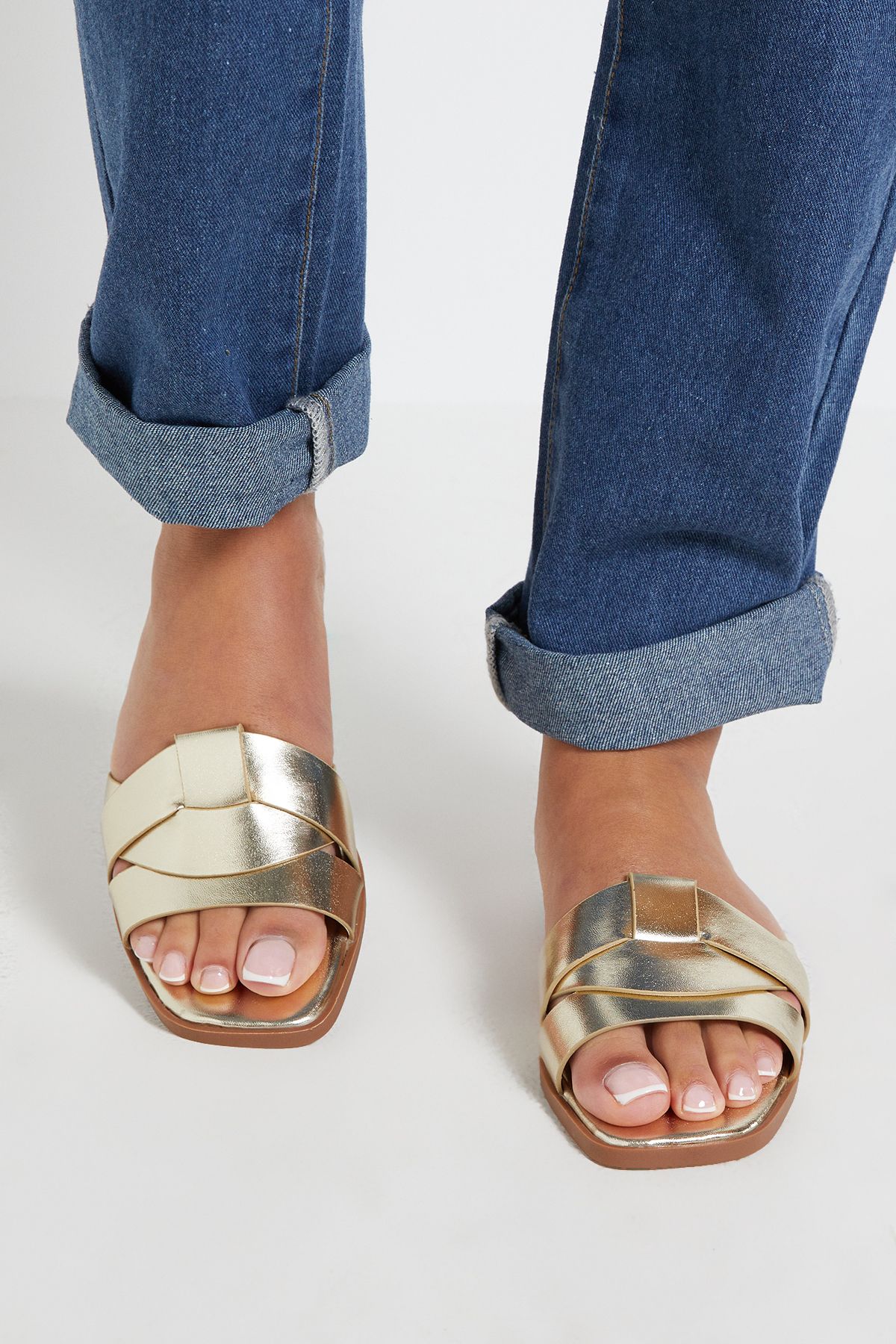 Dorothy Perkins Flossy Faux Leather Interwoven Flat Sliders Gold