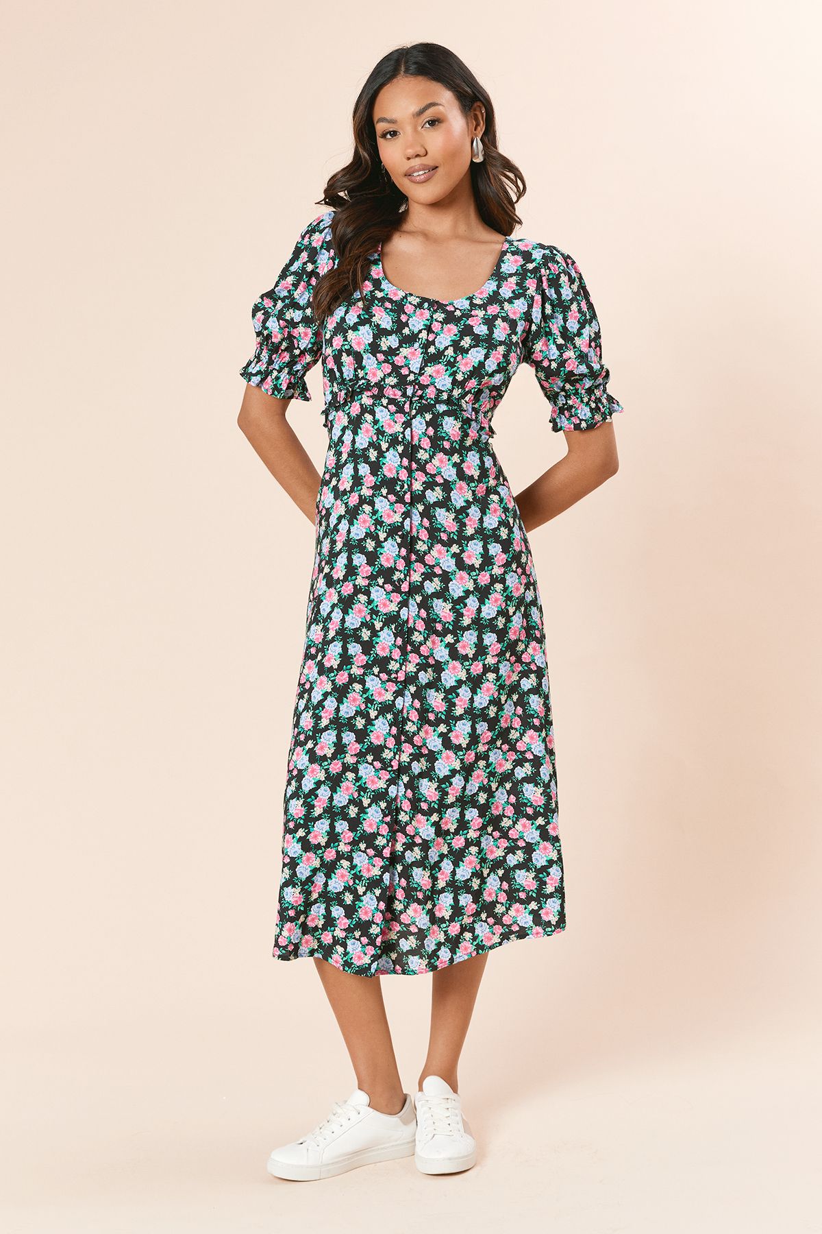 Dorothy Perkins Floral Button Front Puff Sleeve Midi Dress Floral image 1