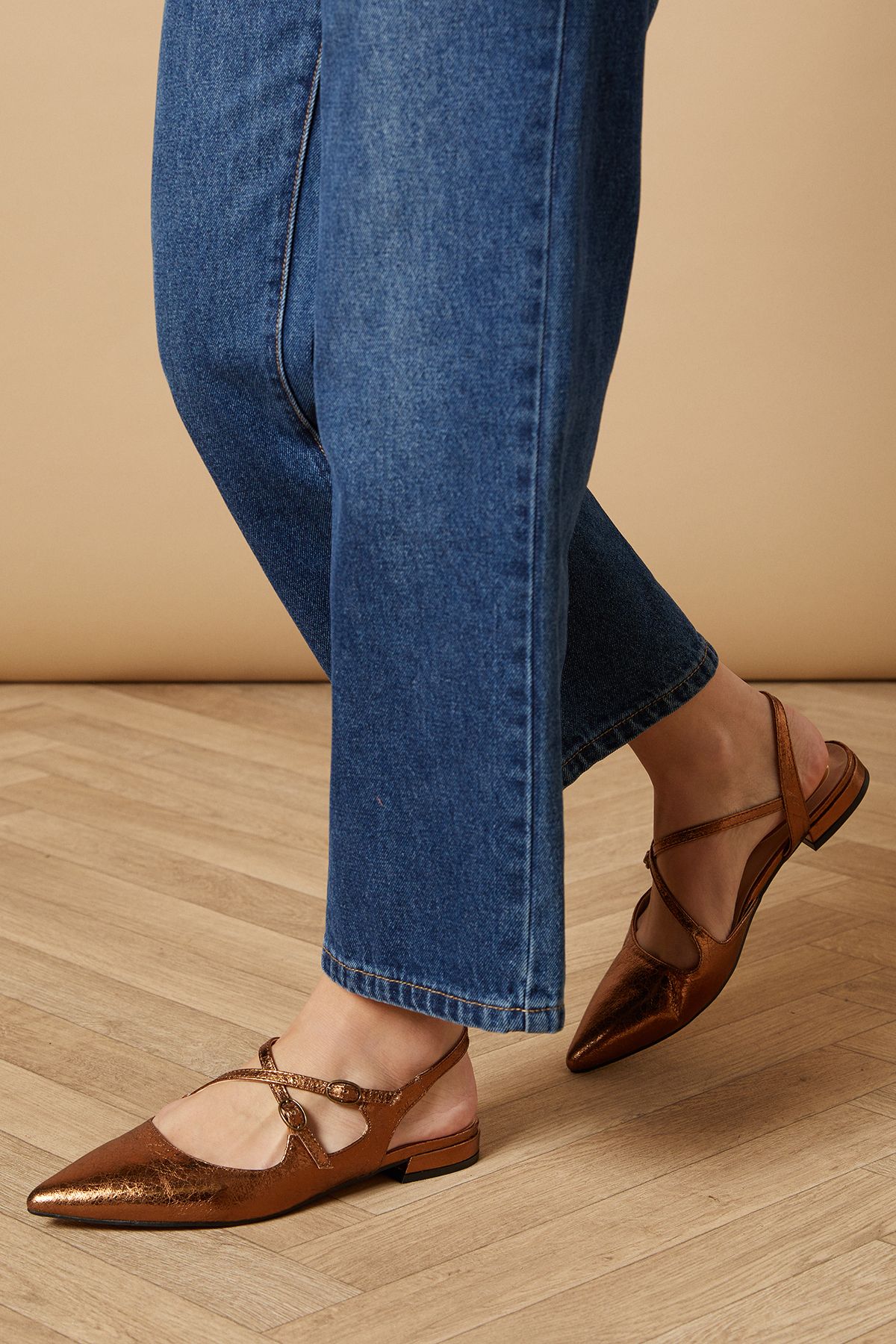 Oasis Anthea Faux Leather Pointed Cross Strap Flat Ballet Pumps Bronze image 2