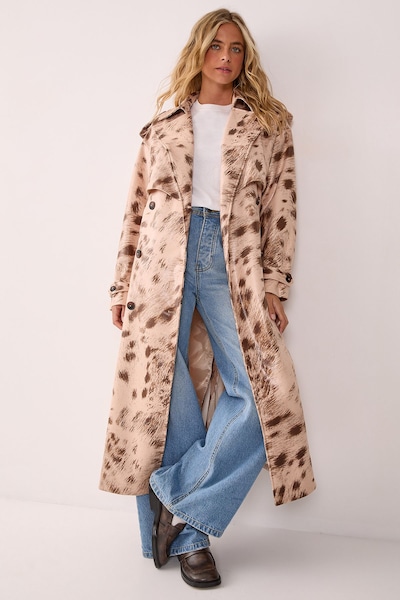 NastyGal Cow Print Faux Leather Trench Coat Cream