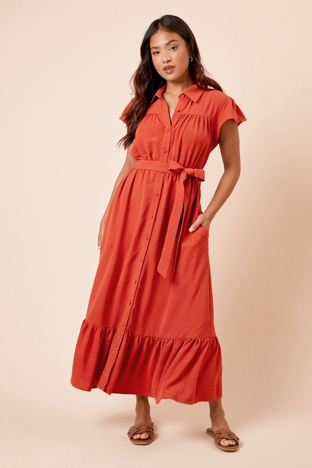 Dorothy Perkins Petite Frill Sleeve Belted Midi Shirt Dress Orange