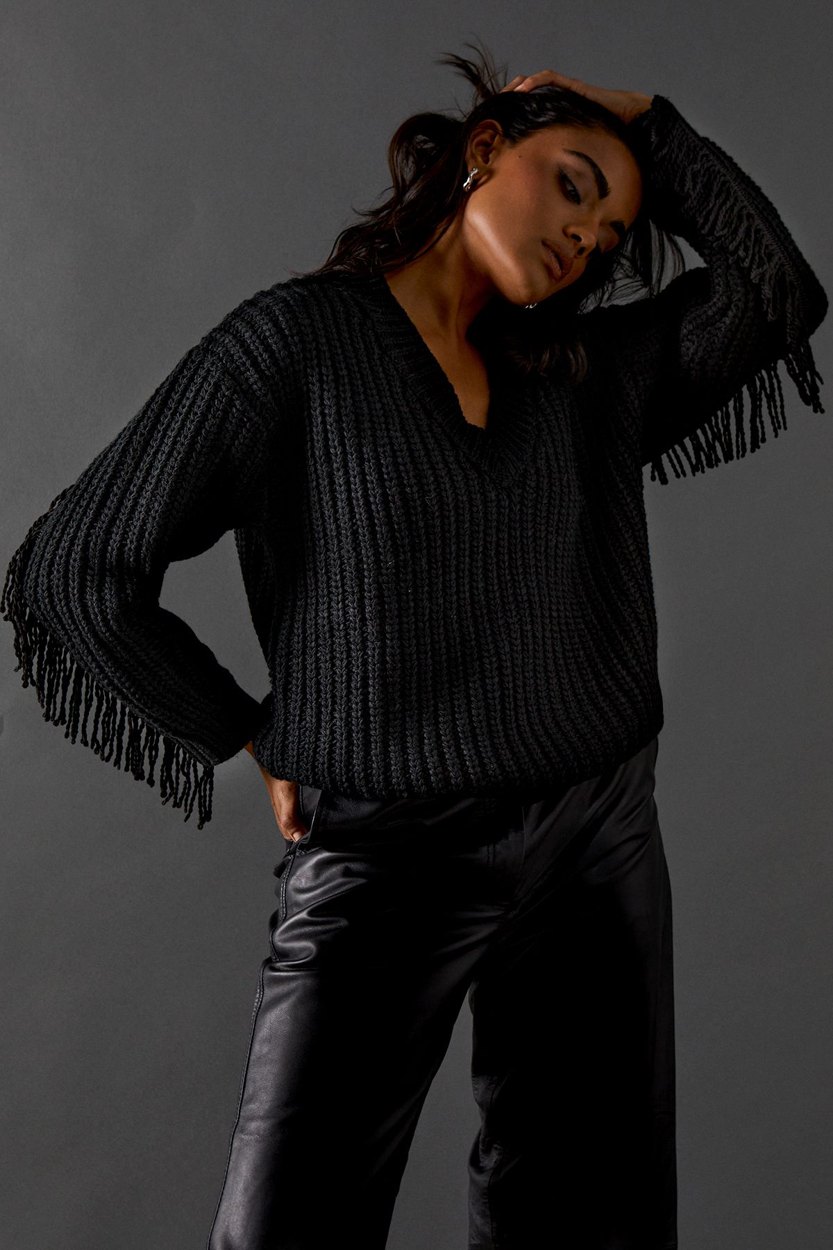 Warehouse Fringed Back V Neck Jumper Black image 1