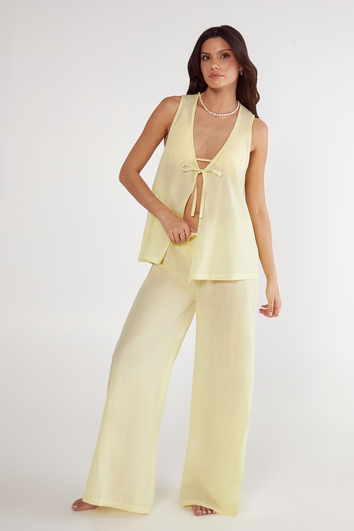NastyGal Cotton Tie Front Waistcoat And Pants Beach Set Lemon image 1