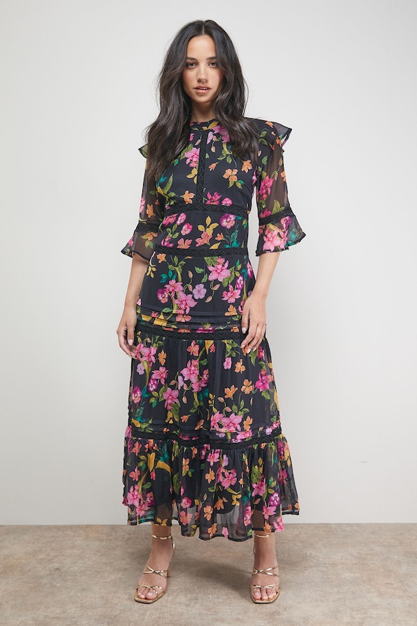 Oasis Chiffon Lace Insert Midi Dress Floral