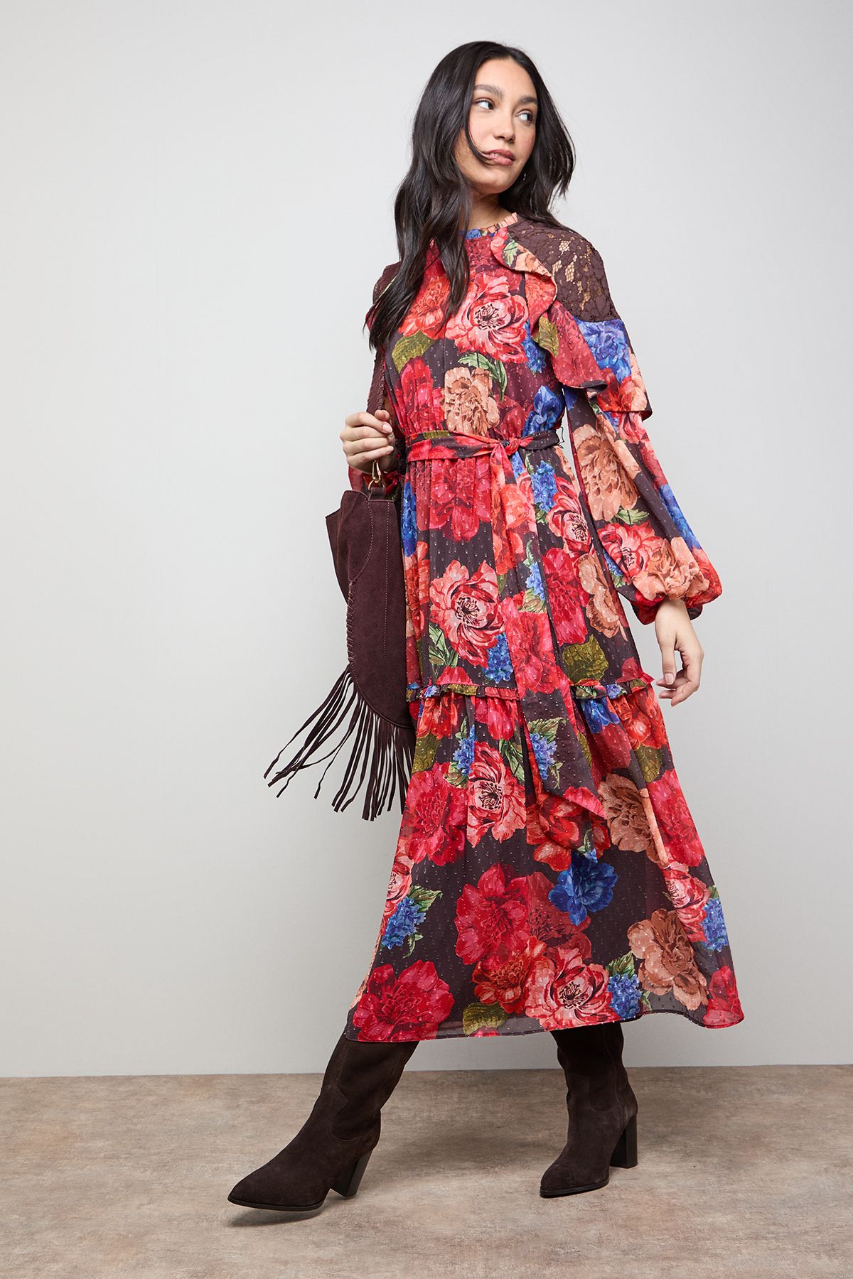 Oasis Printed Chiffon Cape Detail Belted Waist Midi Dress Red image 1