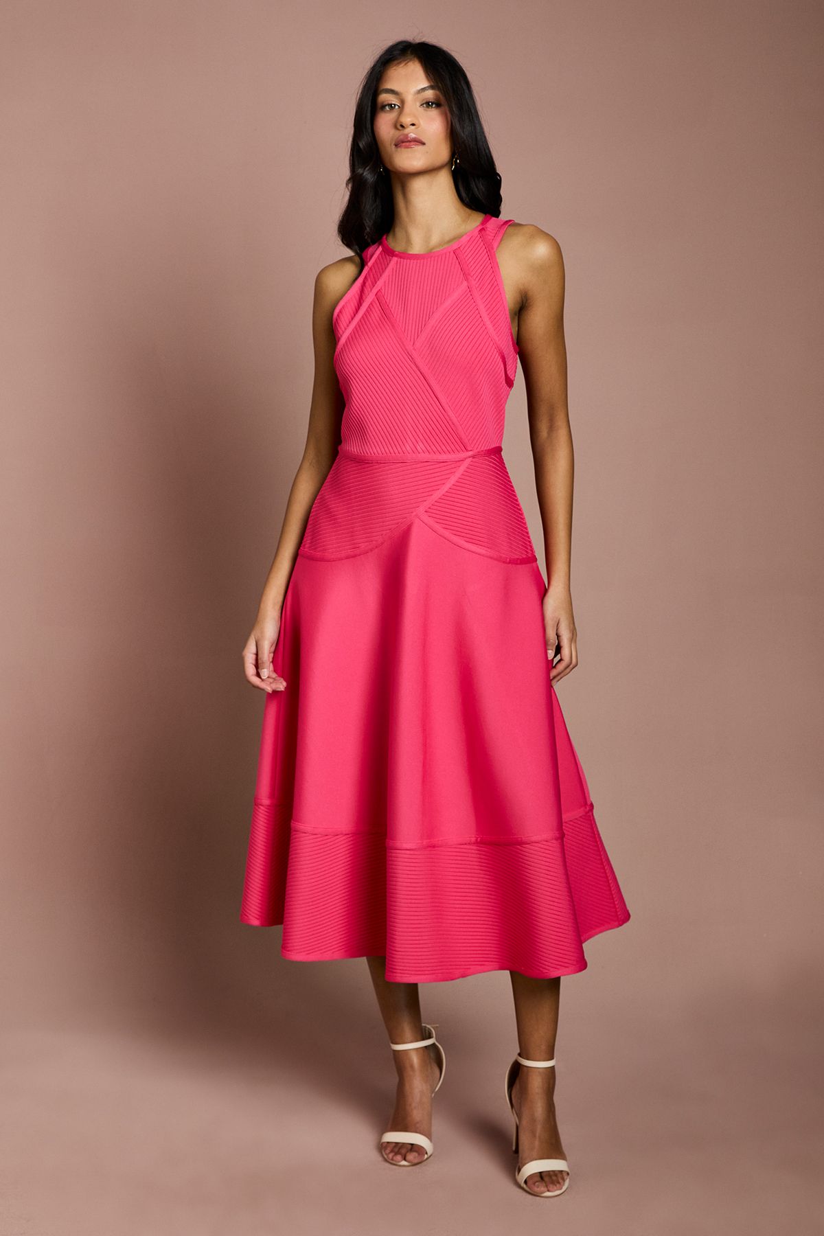 Coast Petite Ribbed Bandage Halterneck Midi Dress Pink