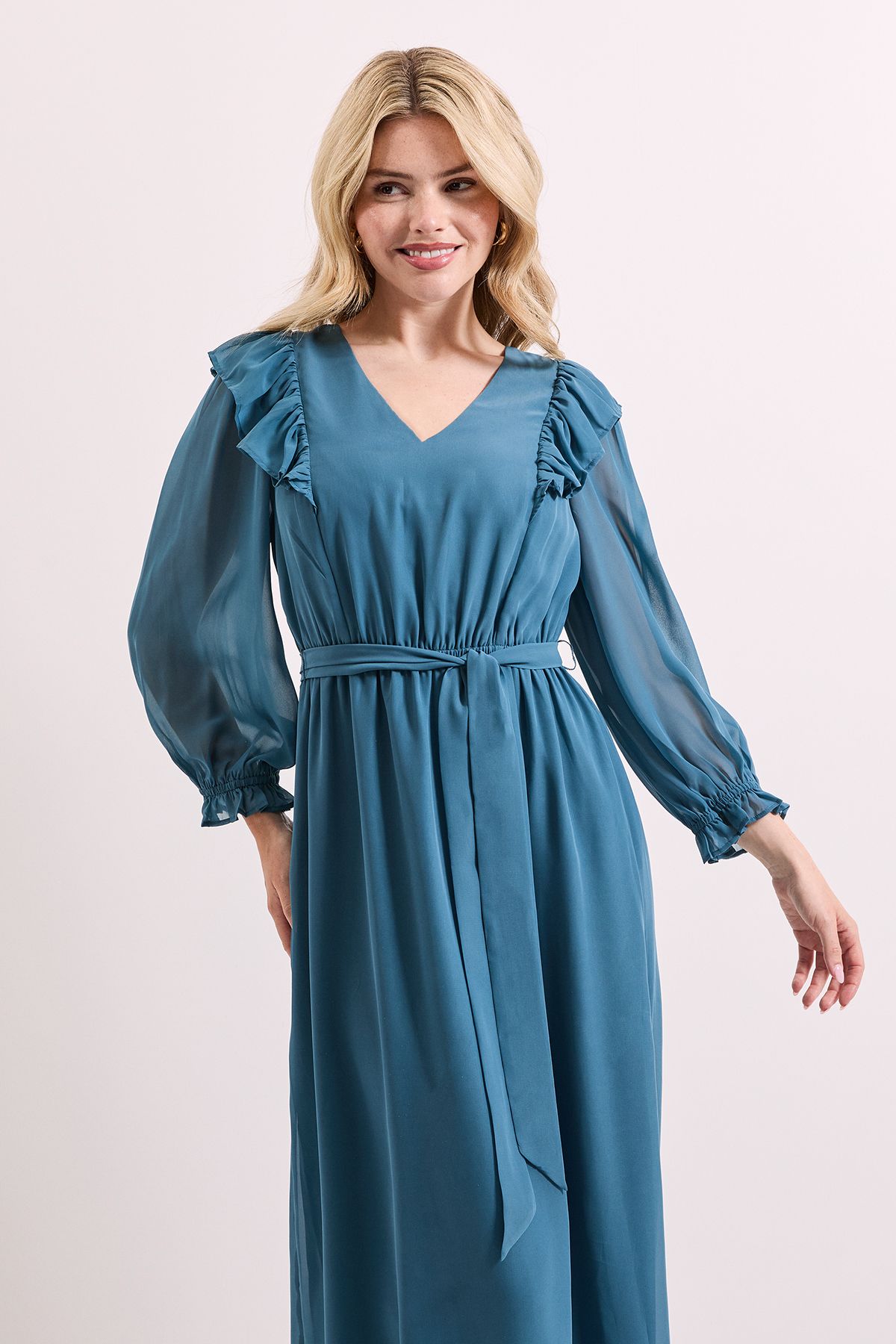 Dorothy Perkins Blouson Sleeve Frill Midi Dress Blue image 2