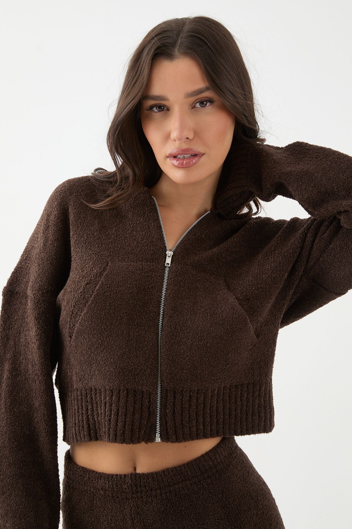 MissPap Boucle Knitted Hoodie and Trouser Co Ord Chocolate image 2