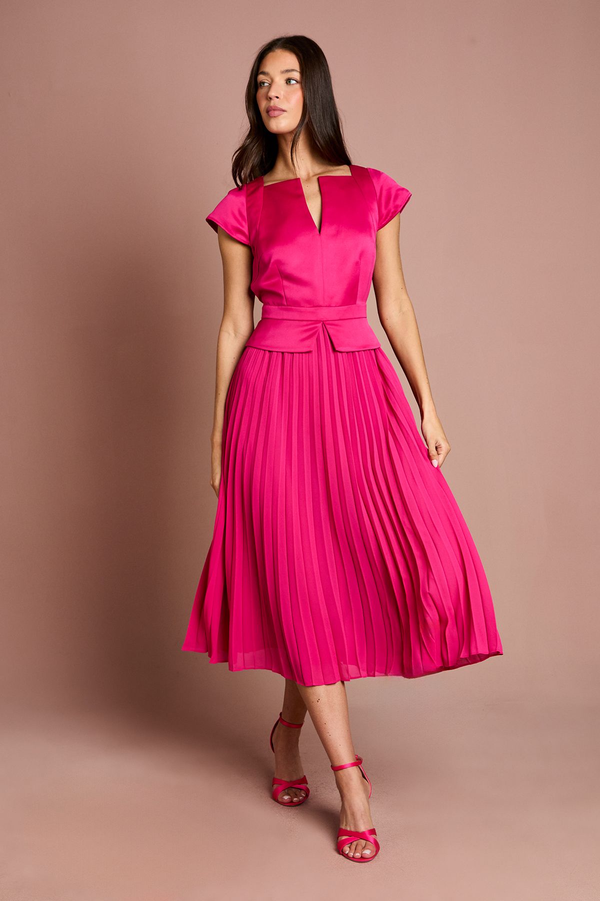 Coast Cap Sleeve Pleated Skirt Midi Wedding Guest Dress Pink
