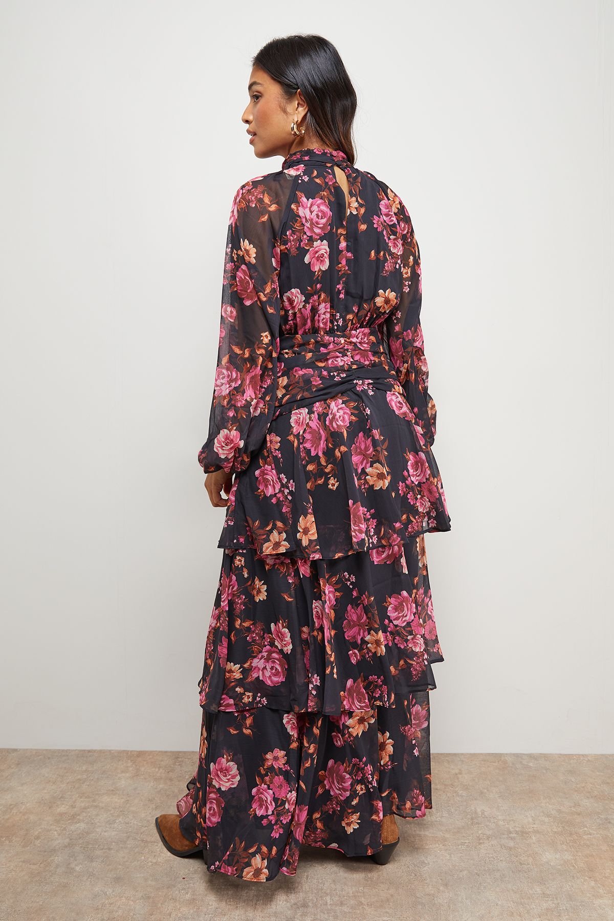 Oasis Petite Printed Ruffle Tiered High Neck Maxi Dress Black image 3