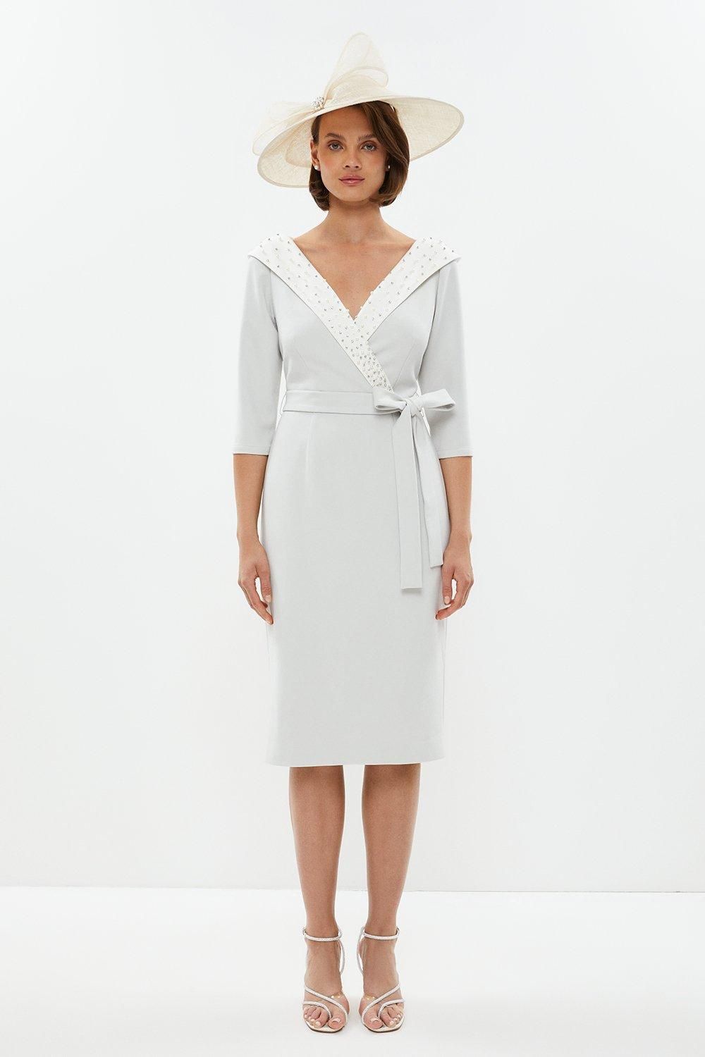 Coast Premium Off Shoulder Embellished Pencil Dress Silver