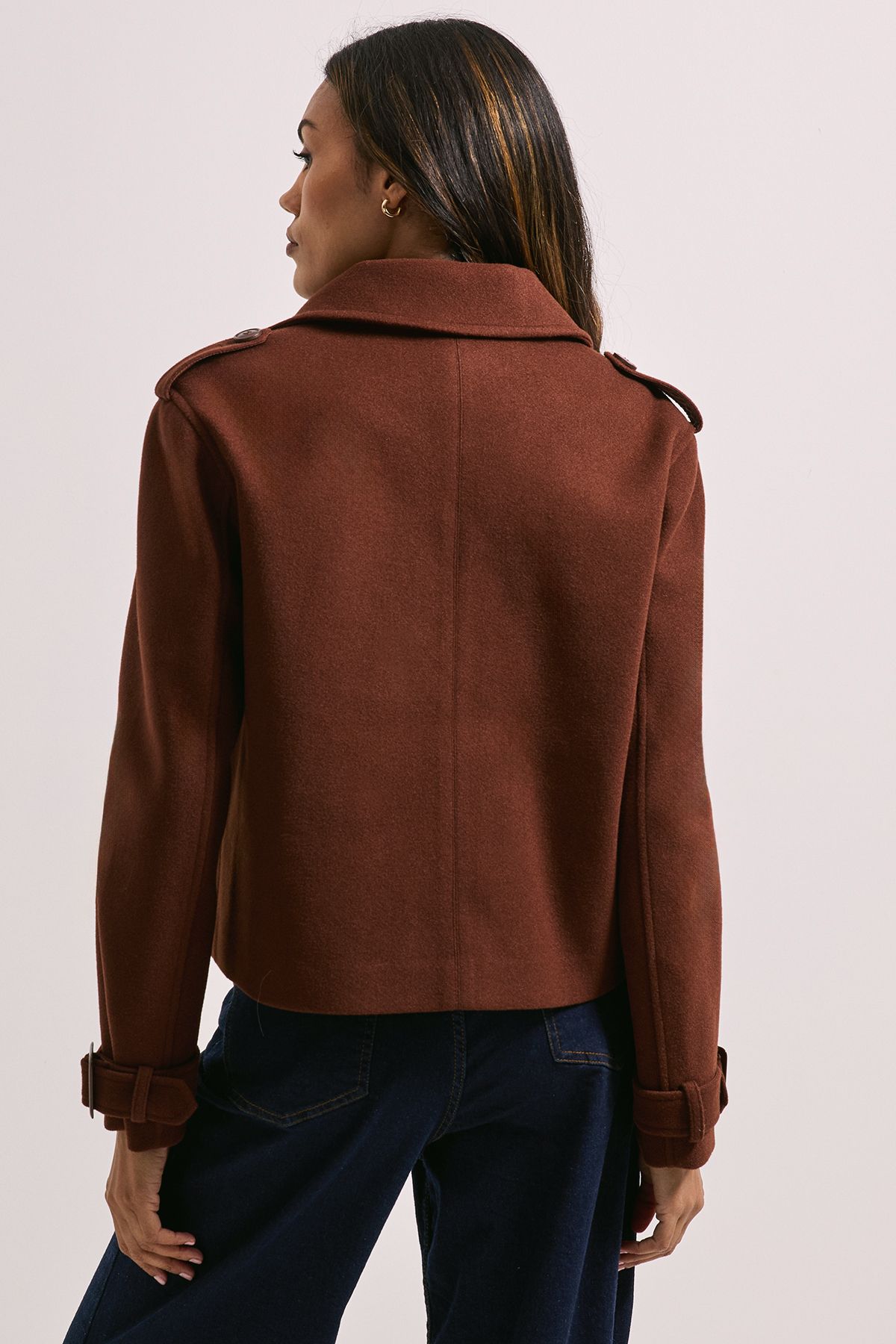 Dorothy Perkins Short Faux Wool Trench Coat Chocolate image 3