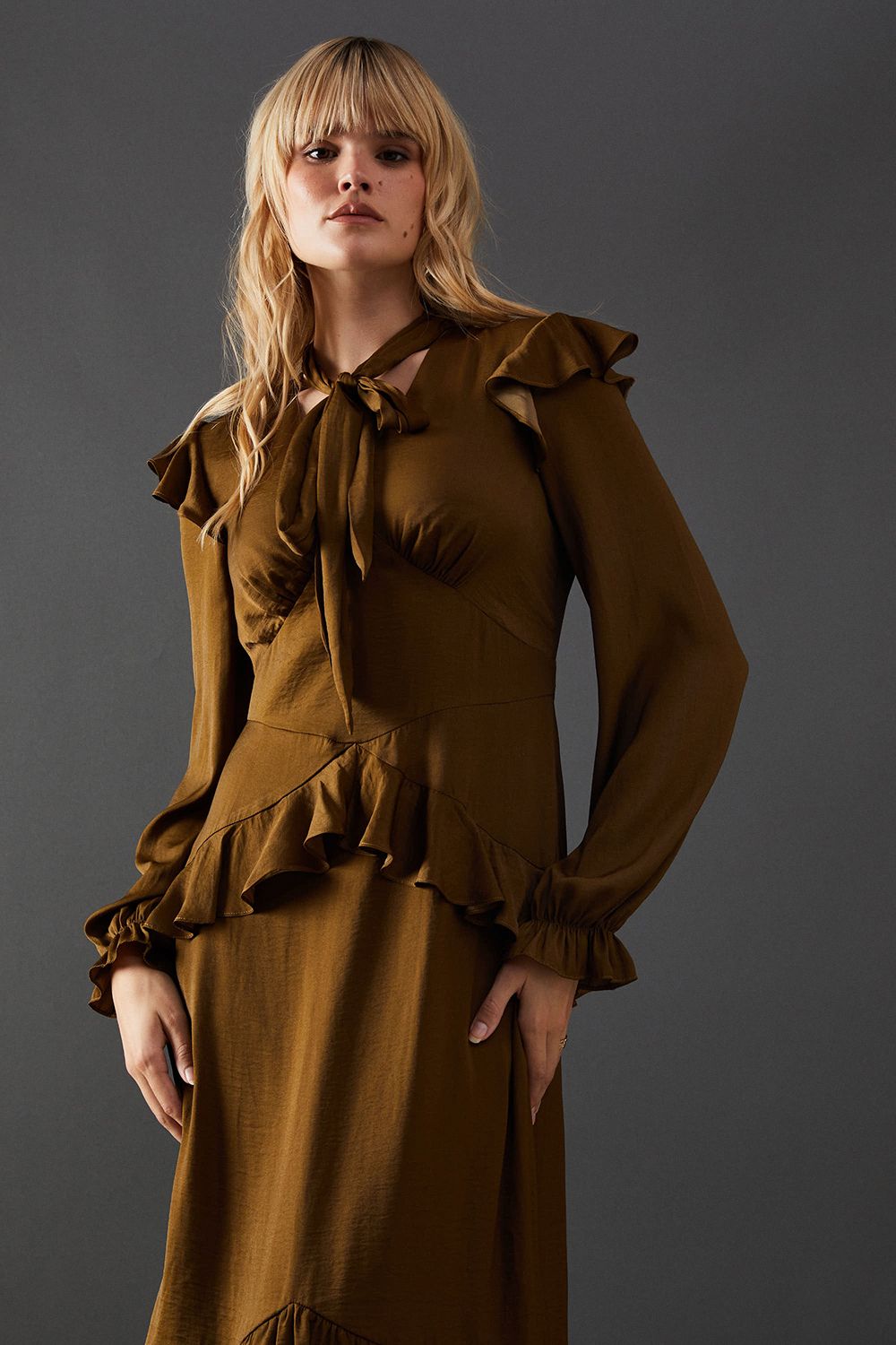 Warehouse Satin Tie Neck Ruffle Midi Dress Olive image 4