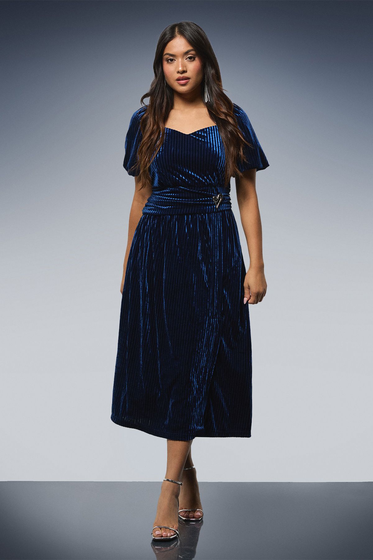 Dorothy Perkins Petite DP Luxe Gathered Waist Velvet Midi Dress Navy