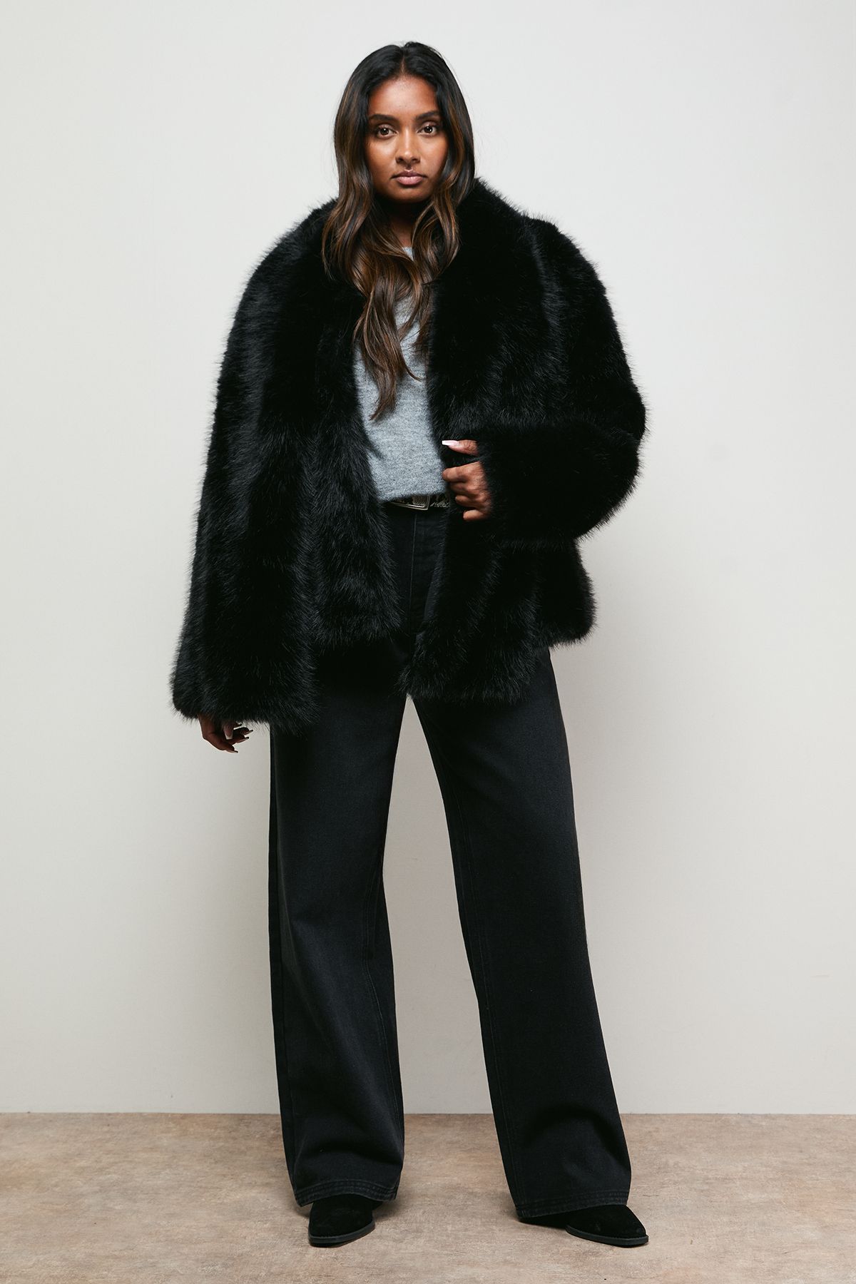Oasis Fur Jacket With Scarf Black