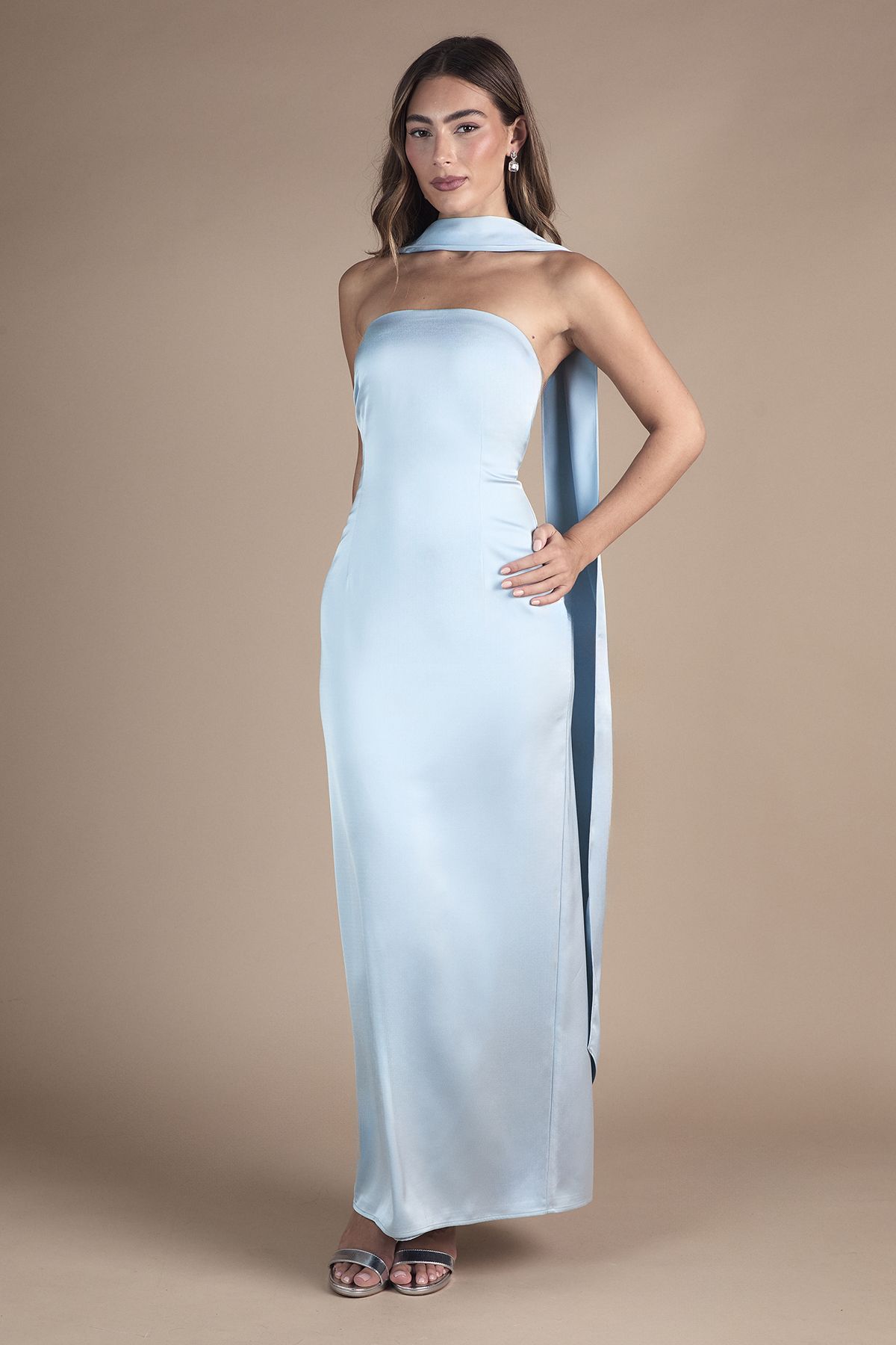 Oasis Oasis By Coast Bandeau Satin Bridesmaid Maxi Dress With Scarf Light Blue image 1
