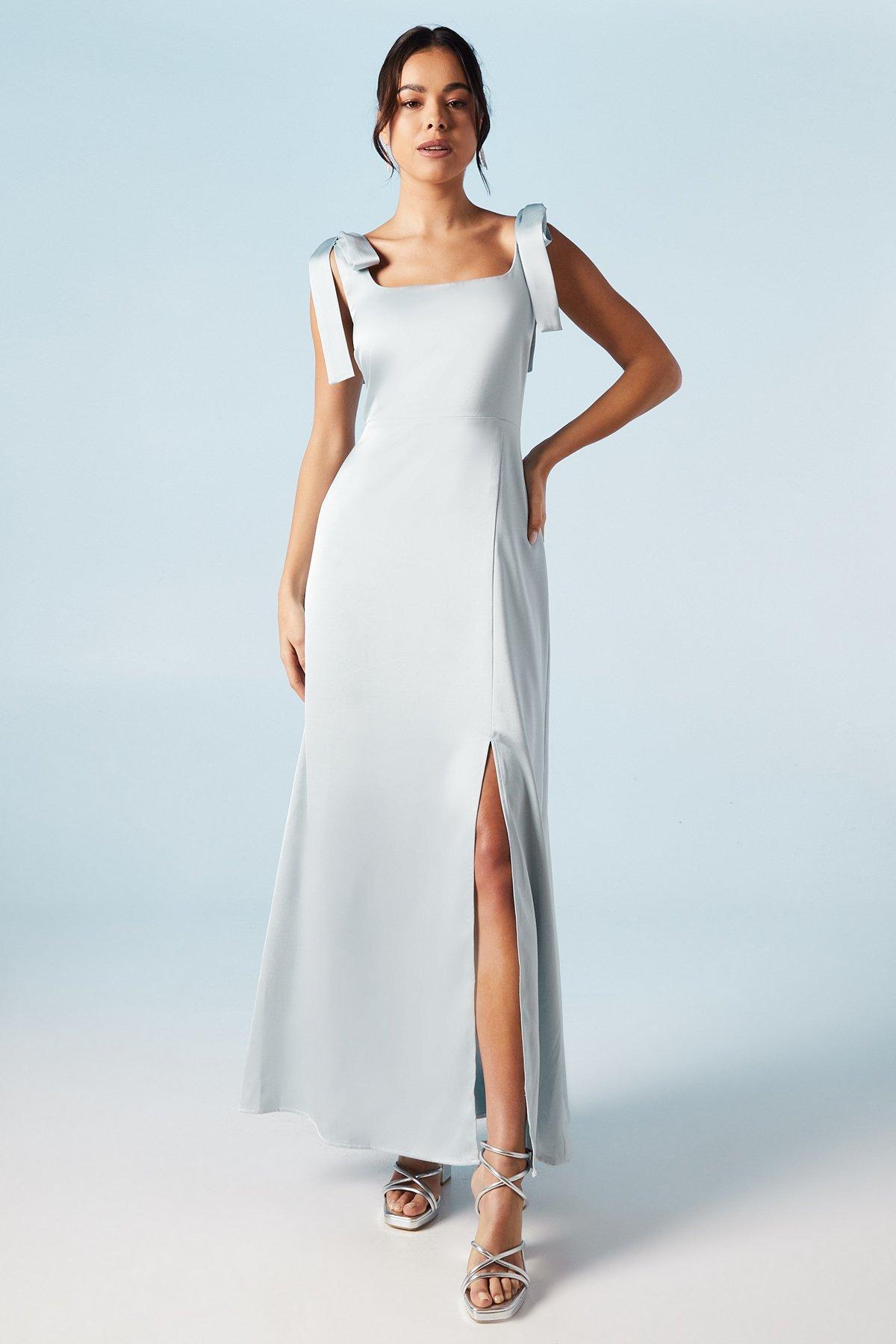Oasis Satin Tie Shoulder Midi Bridesmaids Dress Light Blue image 1