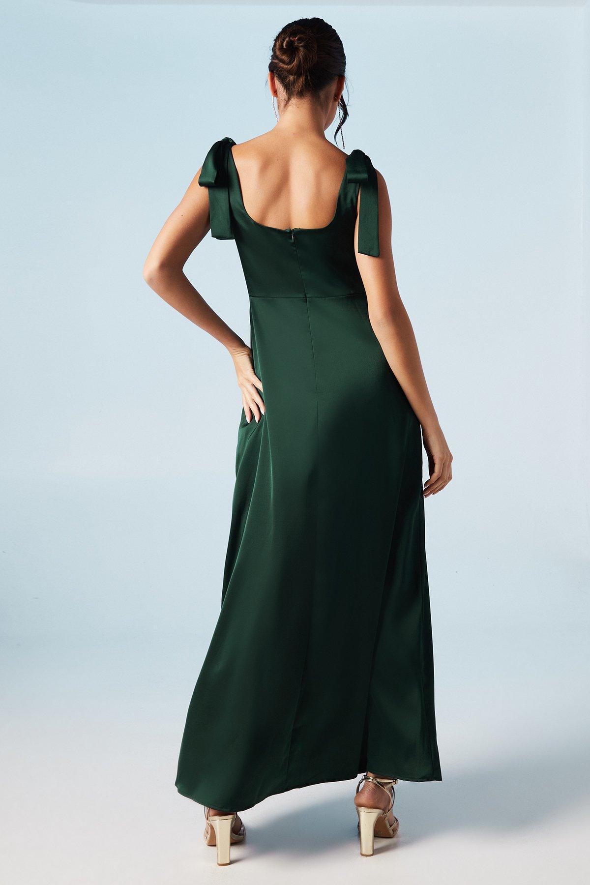 Oasis Satin Tie Shoulder Midi Bridesmaids Dress Emerald image 3