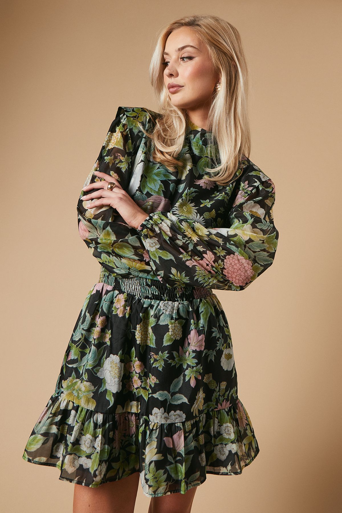 Oasis Floral Organza Shirred Waist Tie Back Mini Dress Black image 4