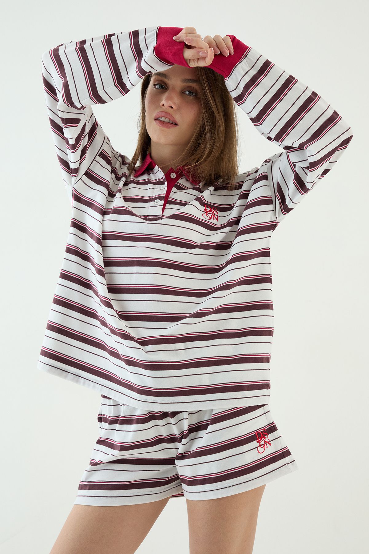 DSGN Studio DSGN Studio Stripe Contrast Oversized Collared Long Sleeve Rugby Top Ecru