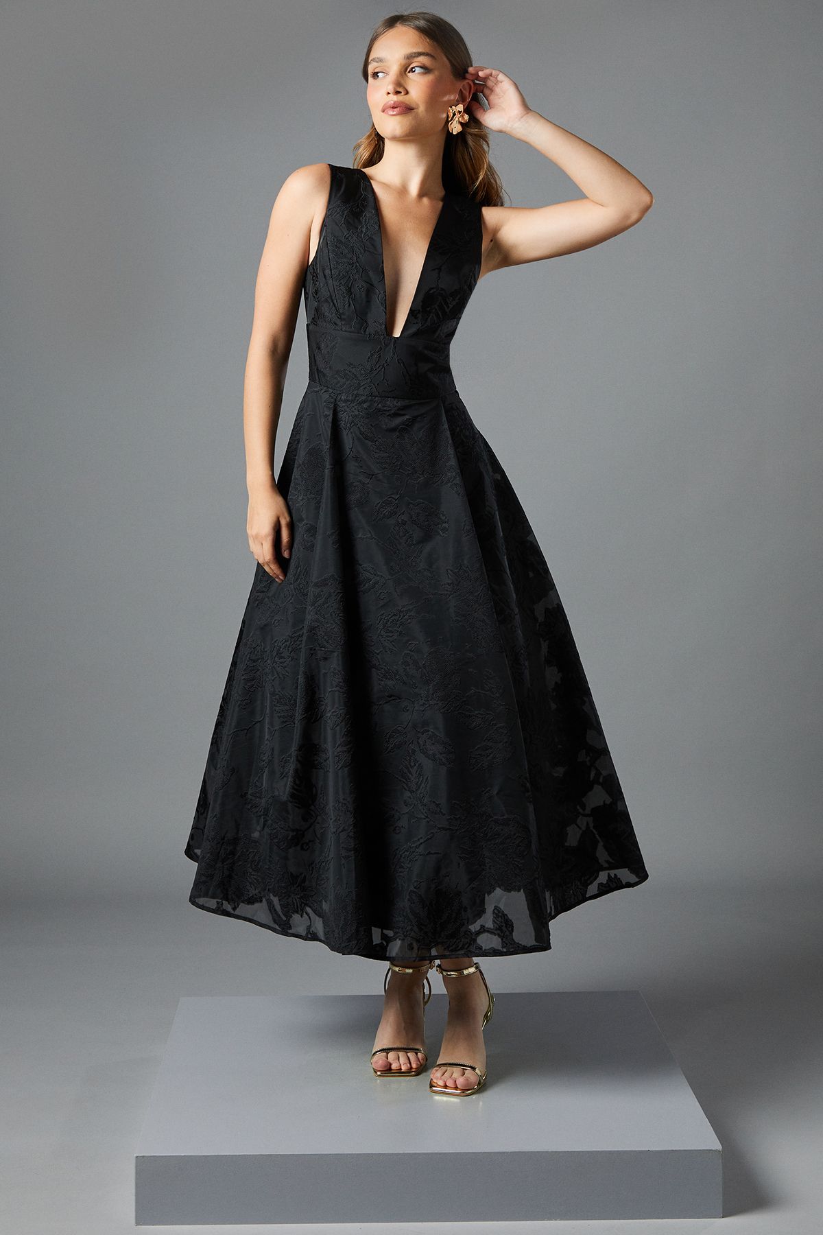 Coast Plunge V Full Skirted Jacquard Midi Dress Black image 1