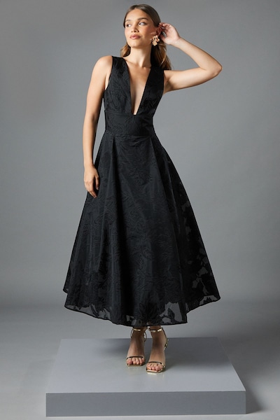 Coast Plunge V Full Skirted Jacquard Midi Dress Black