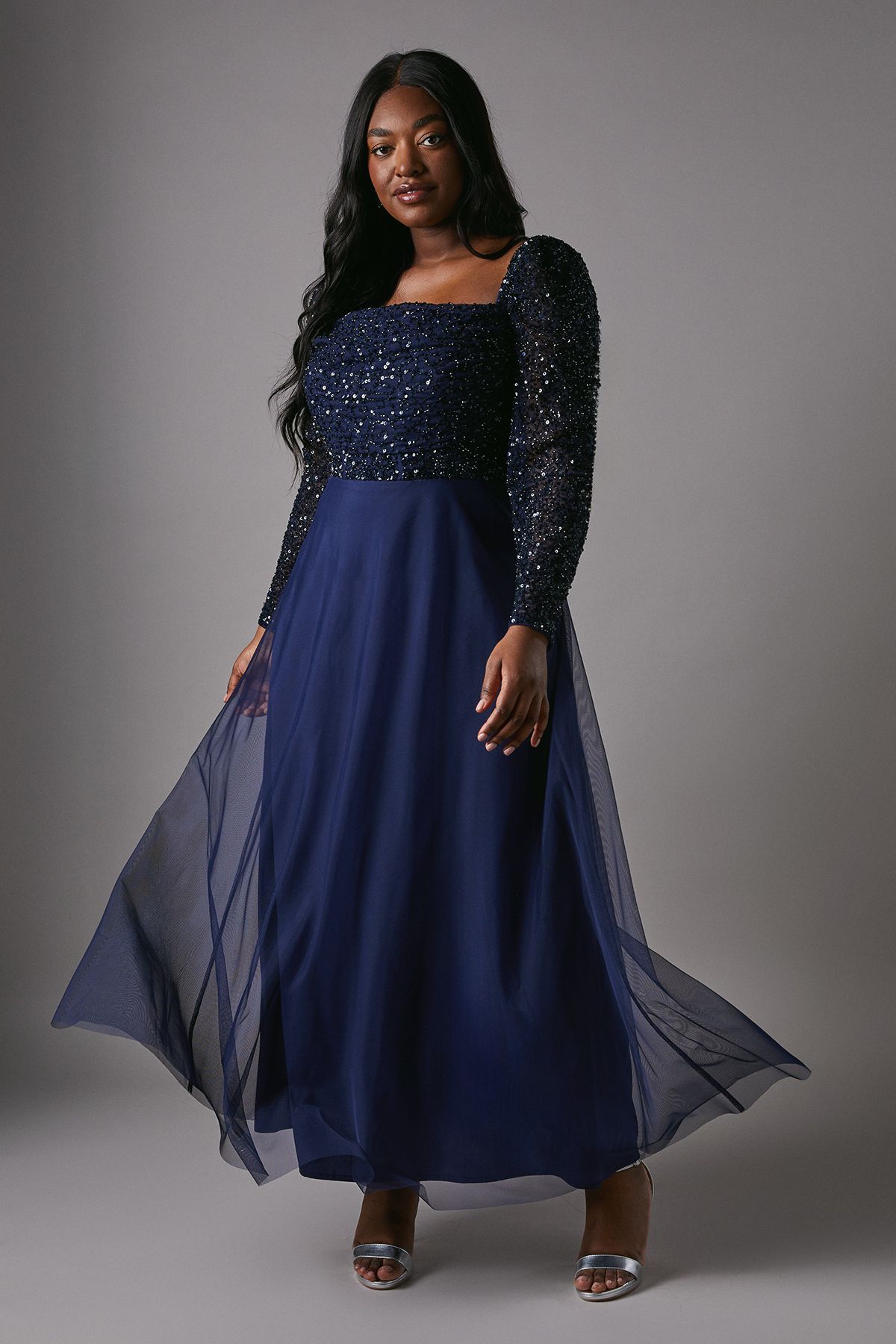 Coast Plus Size Sequin Long Sleeve Corset Tulle Bridesmaid Dress Navy image 1