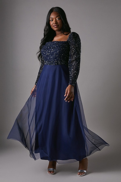 Coast Plus Size Sequin Long Sleeve Corset Tulle Bridesmaid Dress Navy
