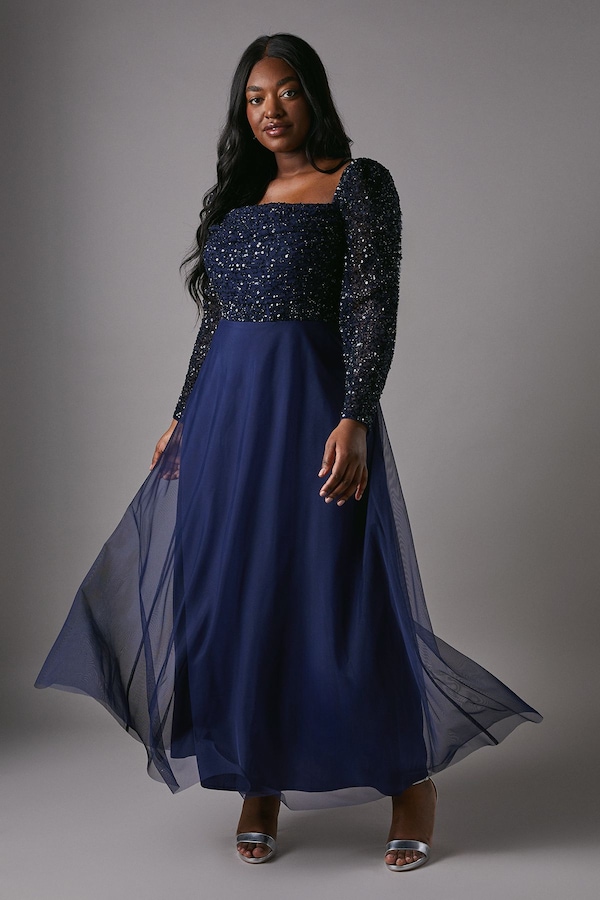 Coast Plus Size Sequin Long Sleeve Corset Tulle Bridesmaid Dress Navy