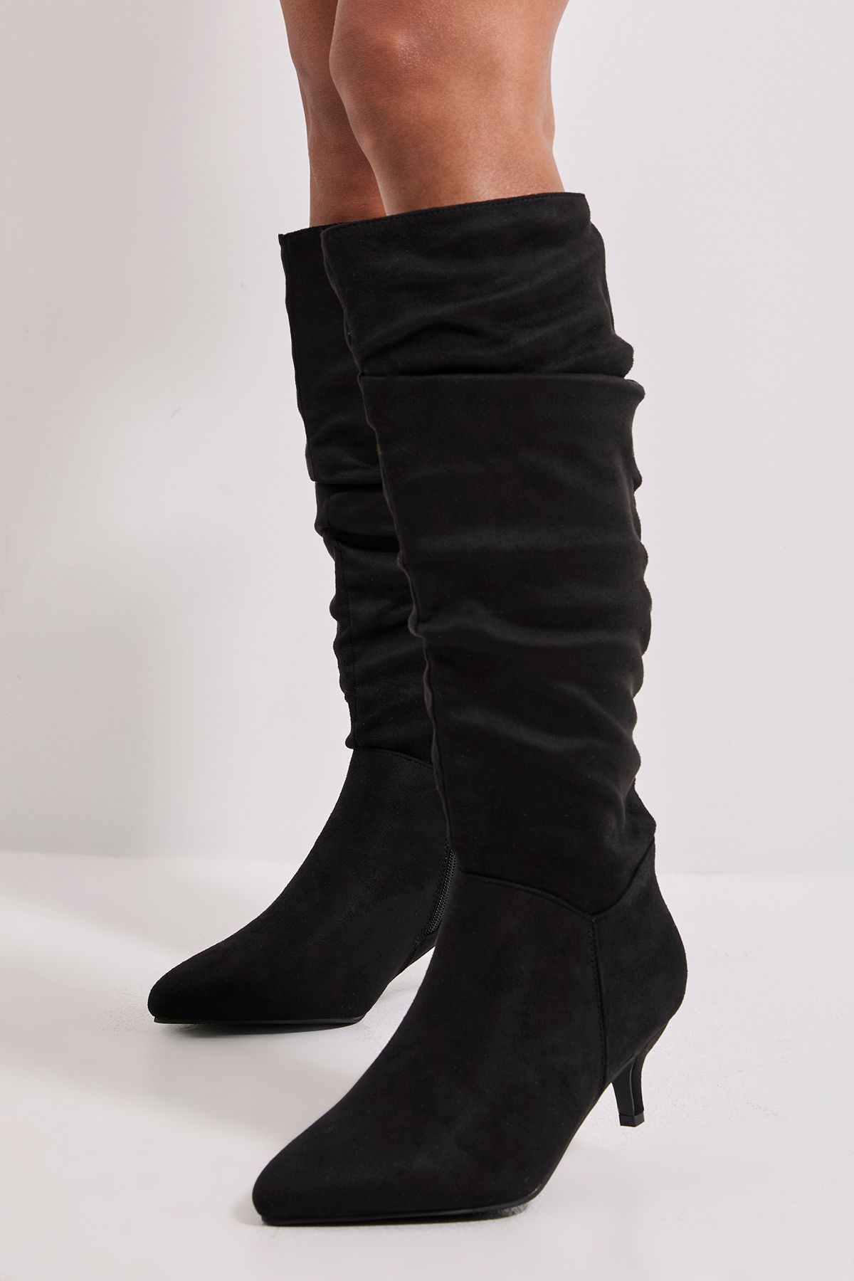 Dorothy Perkins Khloe Faux Suede Kitten Heel Knee High Ruched Boots Natural Black image 4