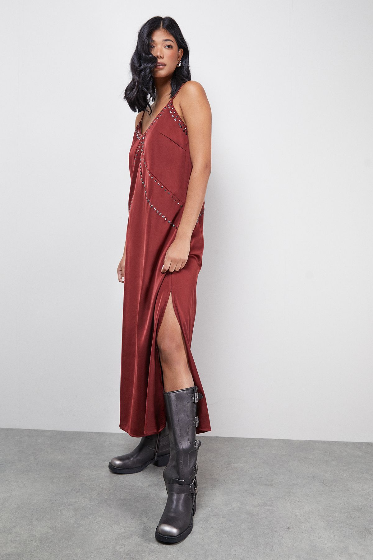 Warehouse Premium Stud Embellished Strappy Cami Slip Dress Burgundy image 2