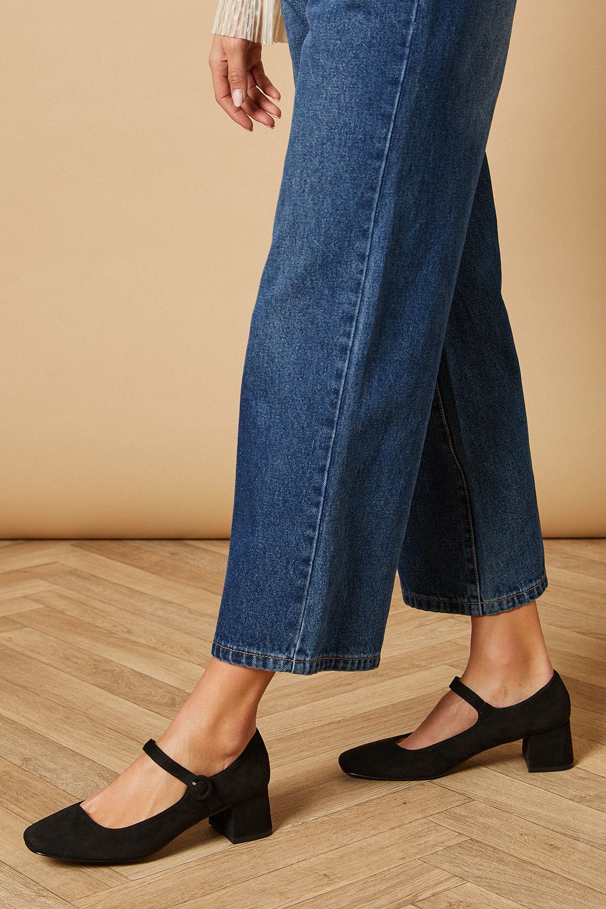 Oasis Romy Faux Suede Mary Jane Low Block Heel Shoes Natural Black image 2