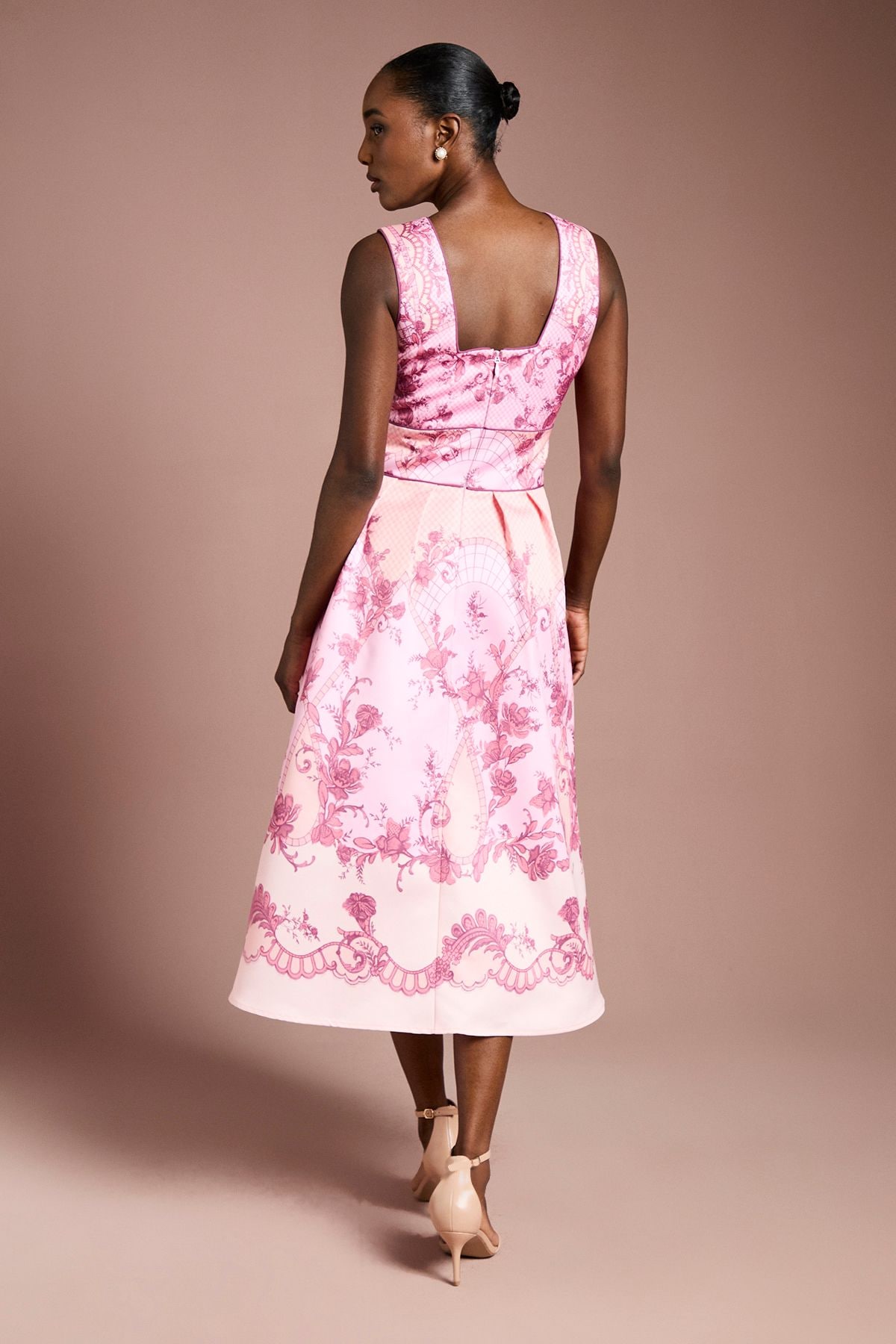 Coast V Neck Structured Satin Placement Print Midi Dress Coral image 3